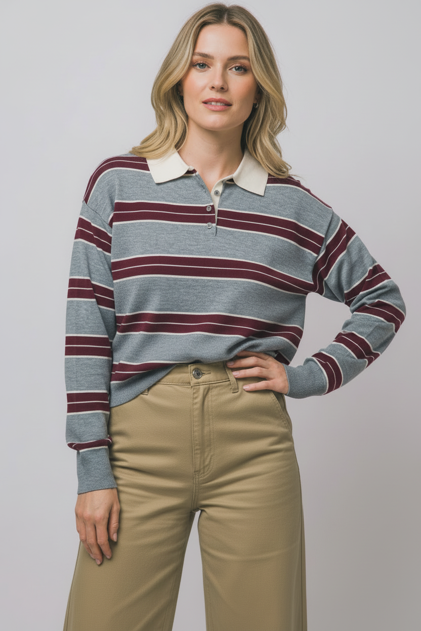 Grey Rugby Stripe Polo Top