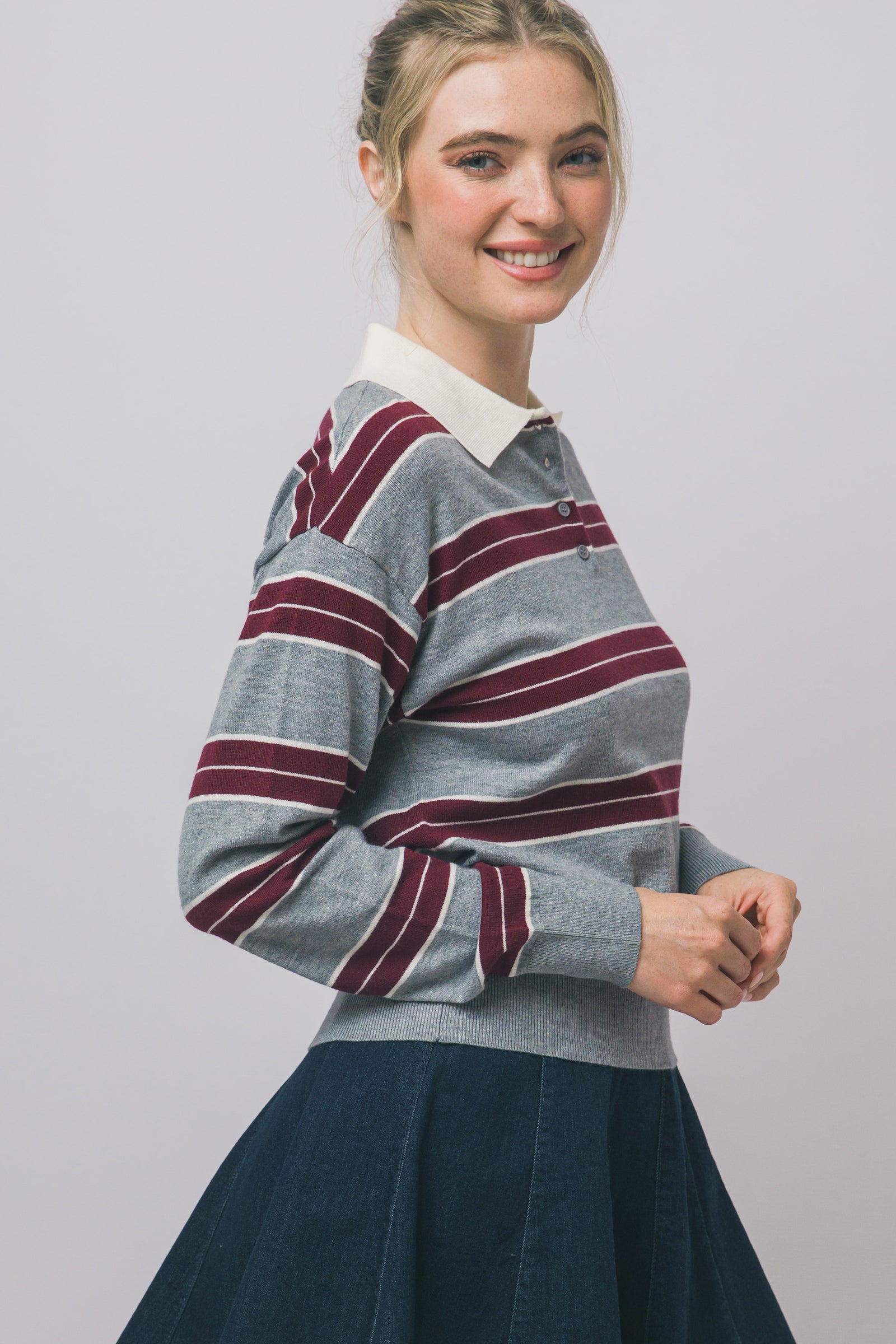 Grey Rugby Stripe Polo Top
