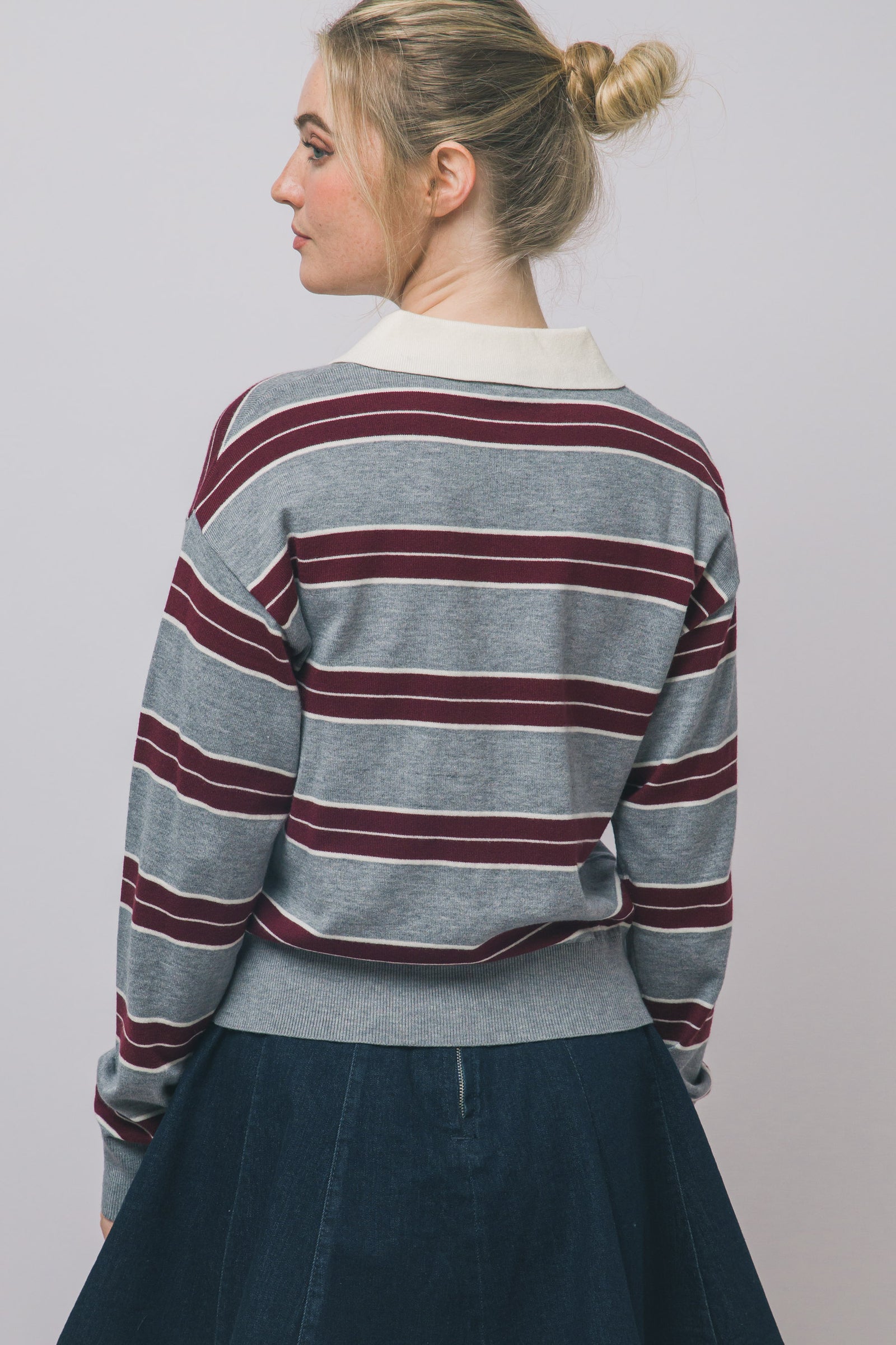 Grey Rugby Stripe Polo Top