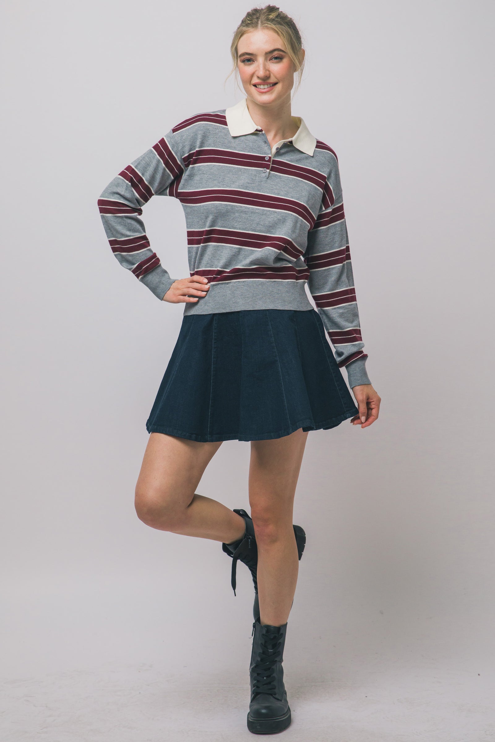 Grey Rugby Stripe Polo Top
