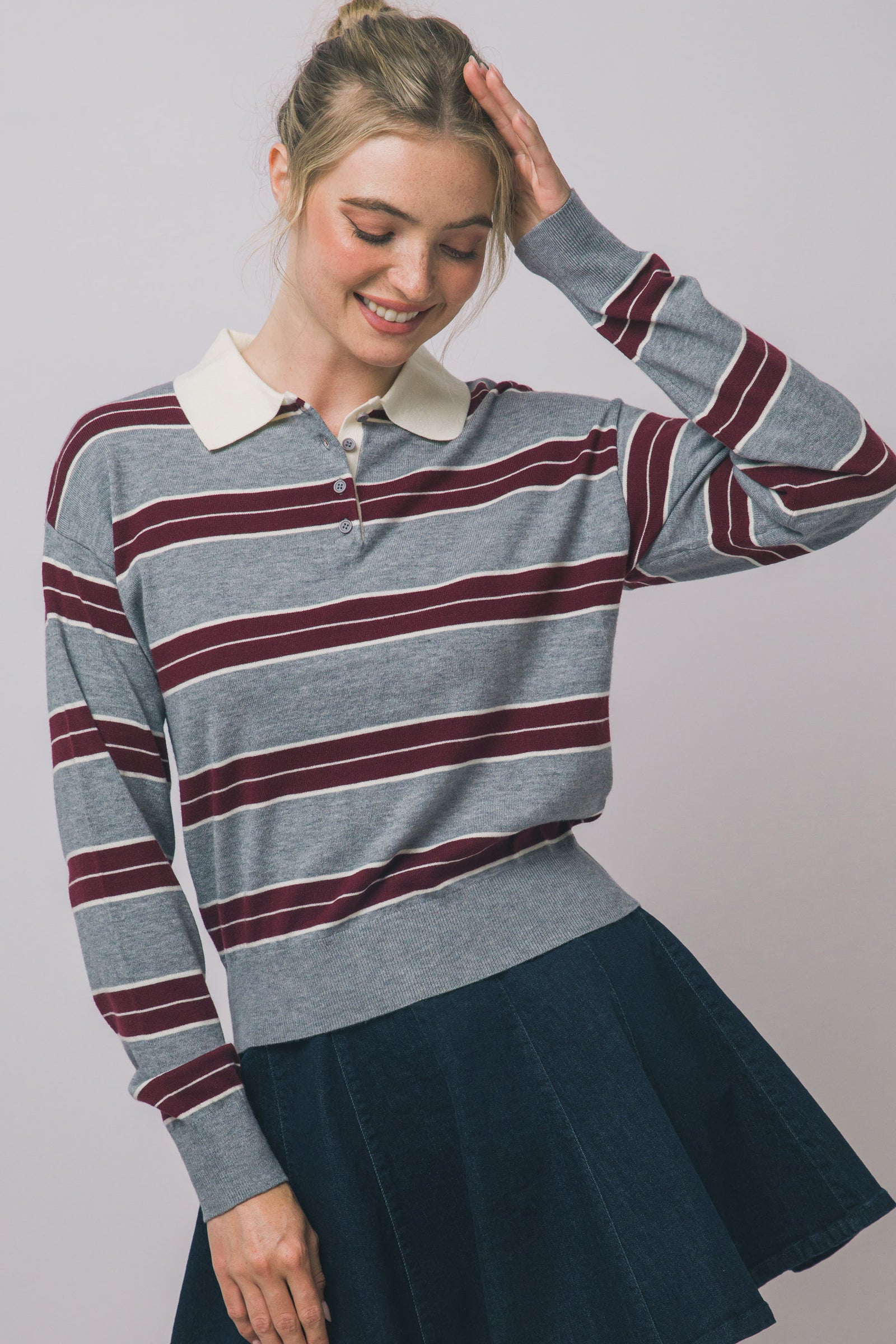Grey Rugby Stripe Polo Top
