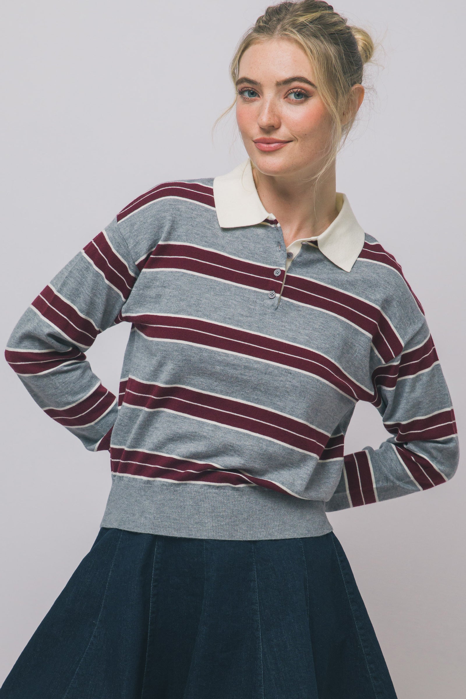 Grey Rugby Stripe Polo Top