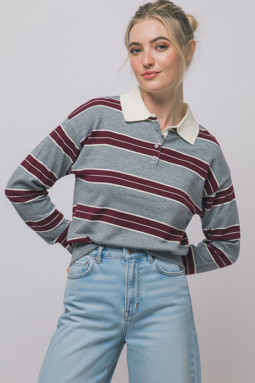 Grey Rugby Stripe Polo Top