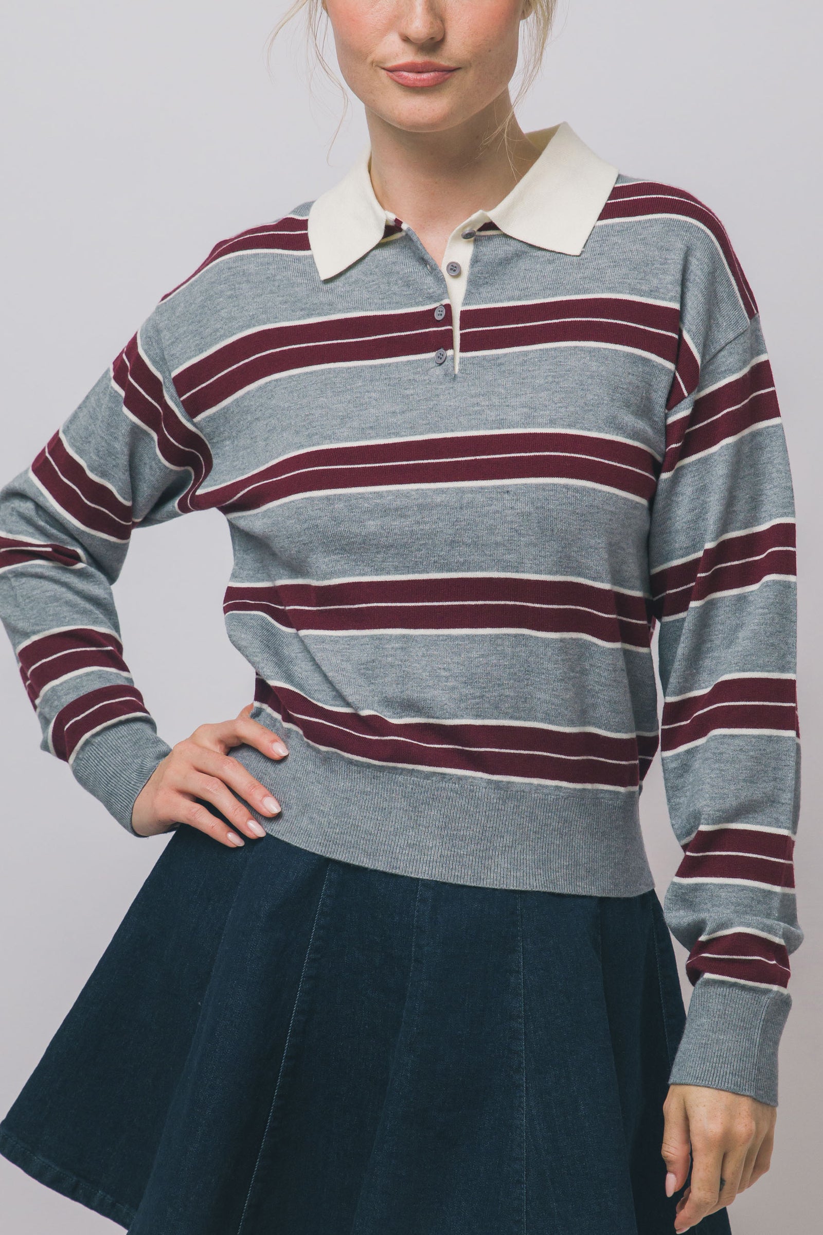Grey Rugby Stripe Polo Top