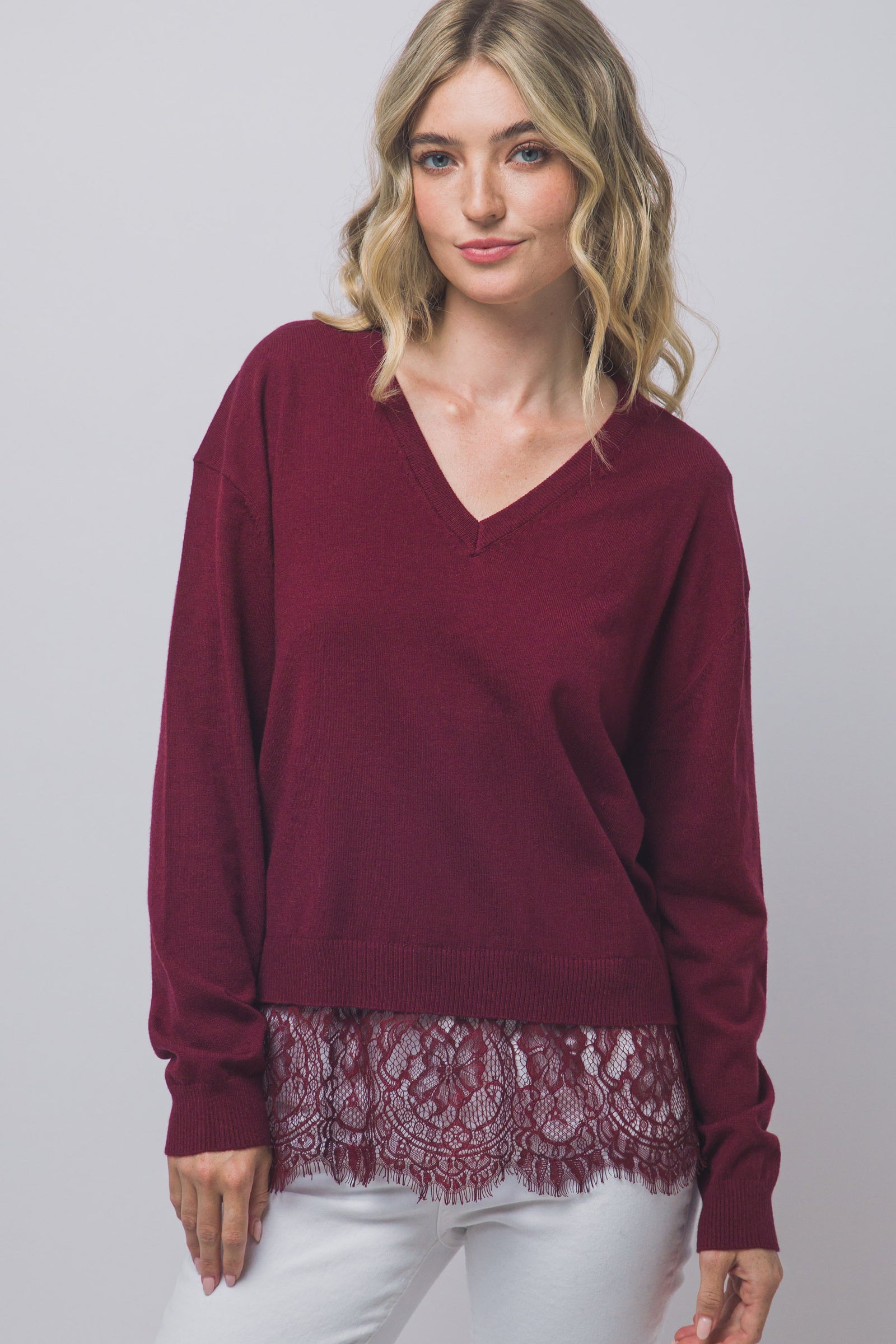 V-Neck Lace Hem Sweater