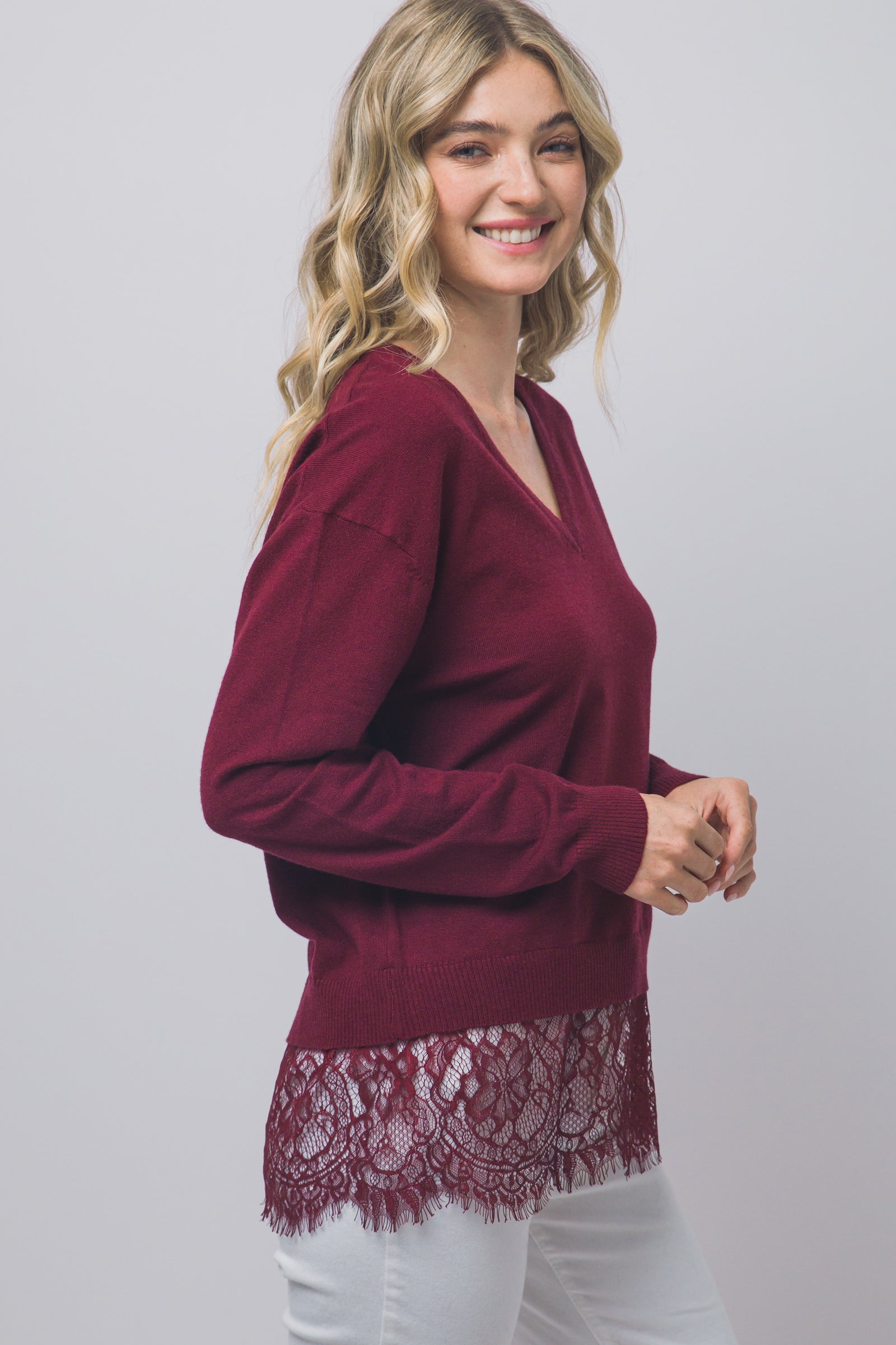 V-Neck Lace Hem Sweater