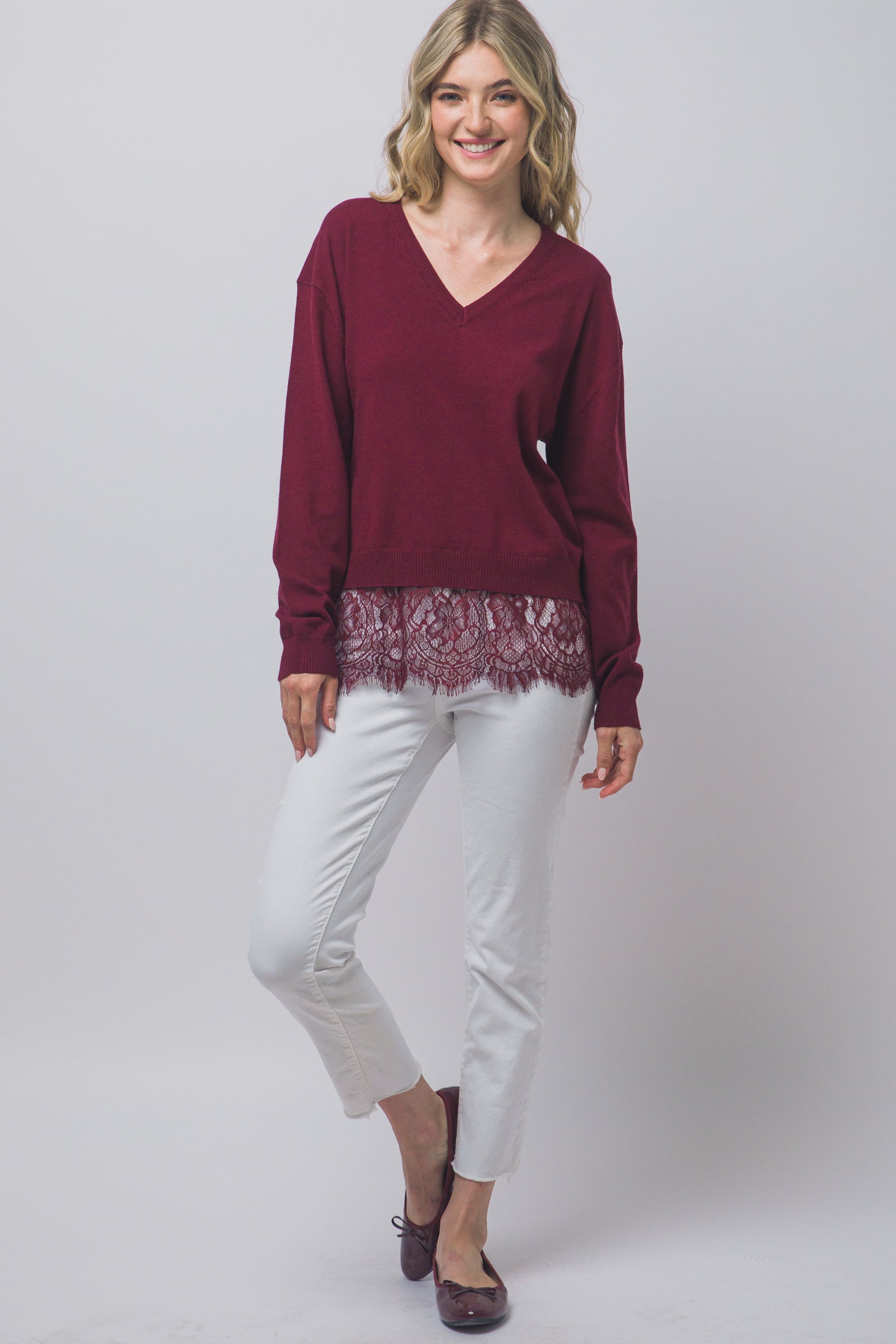 V-Neck Lace Hem Sweater