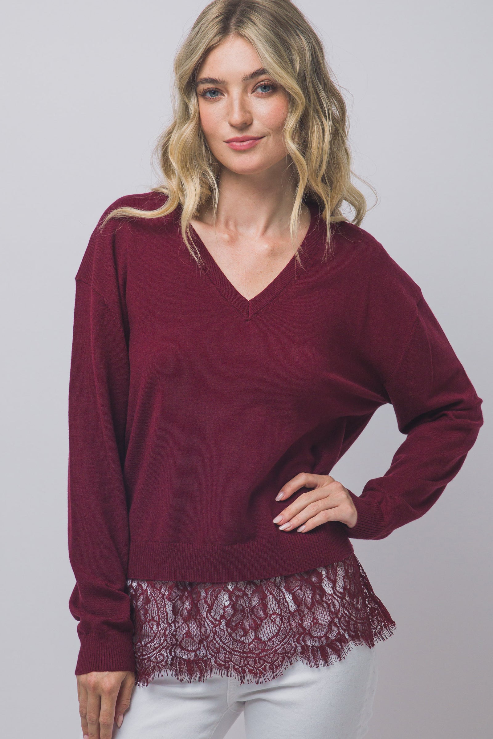 V-Neck Lace Hem Sweater