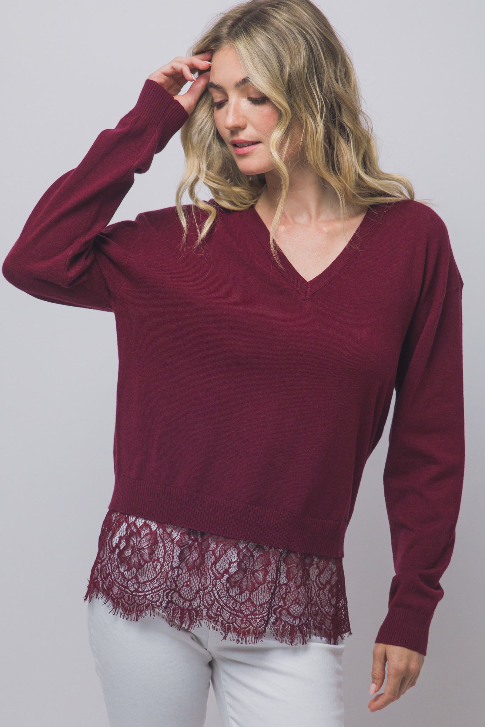 V-Neck Lace Hem Sweater