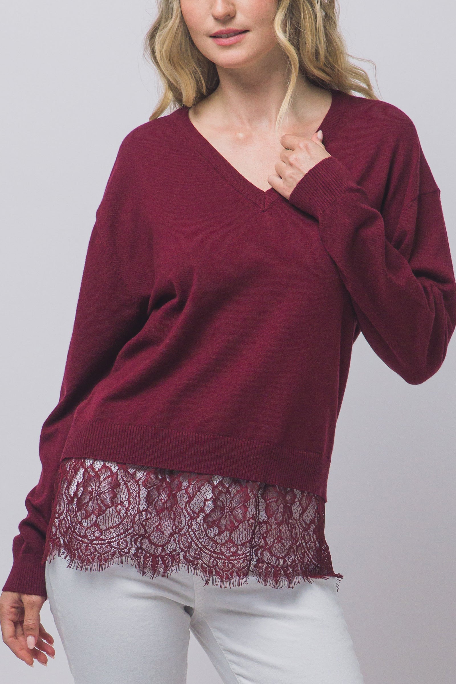 V-Neck Lace Hem Sweater