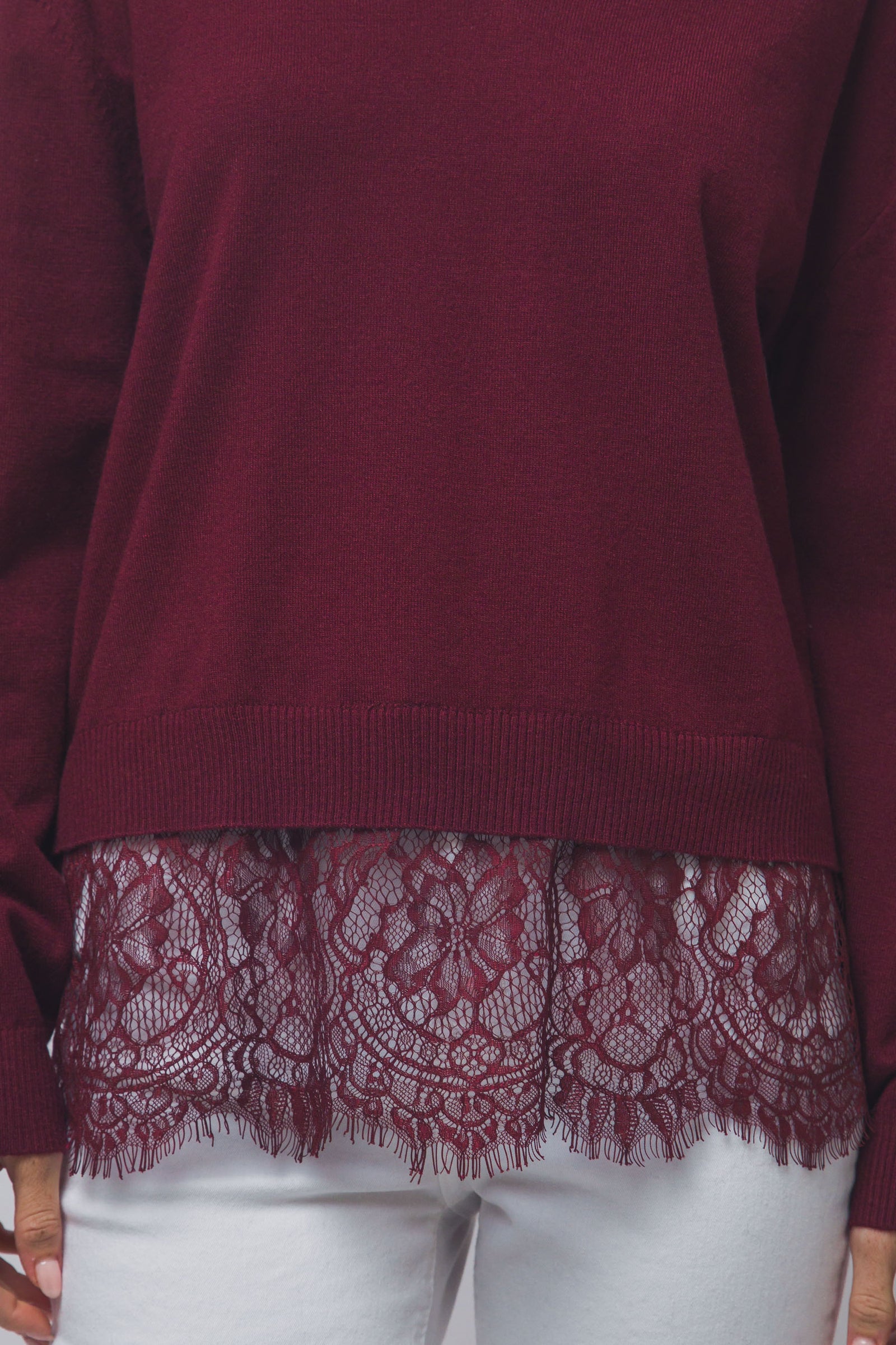 V-Neck Lace Hem Sweater