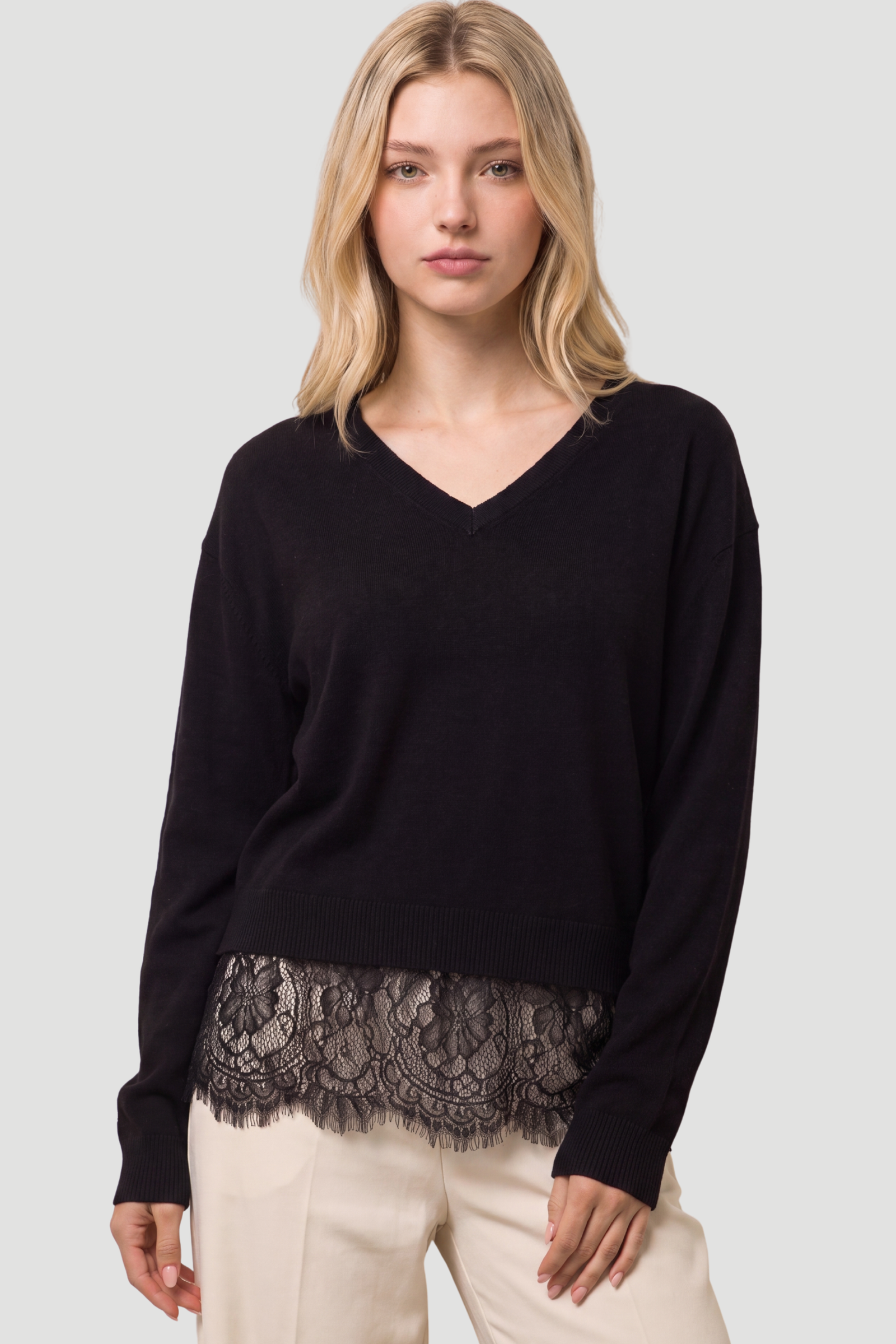 V-Neck Lace Hem Sweater
