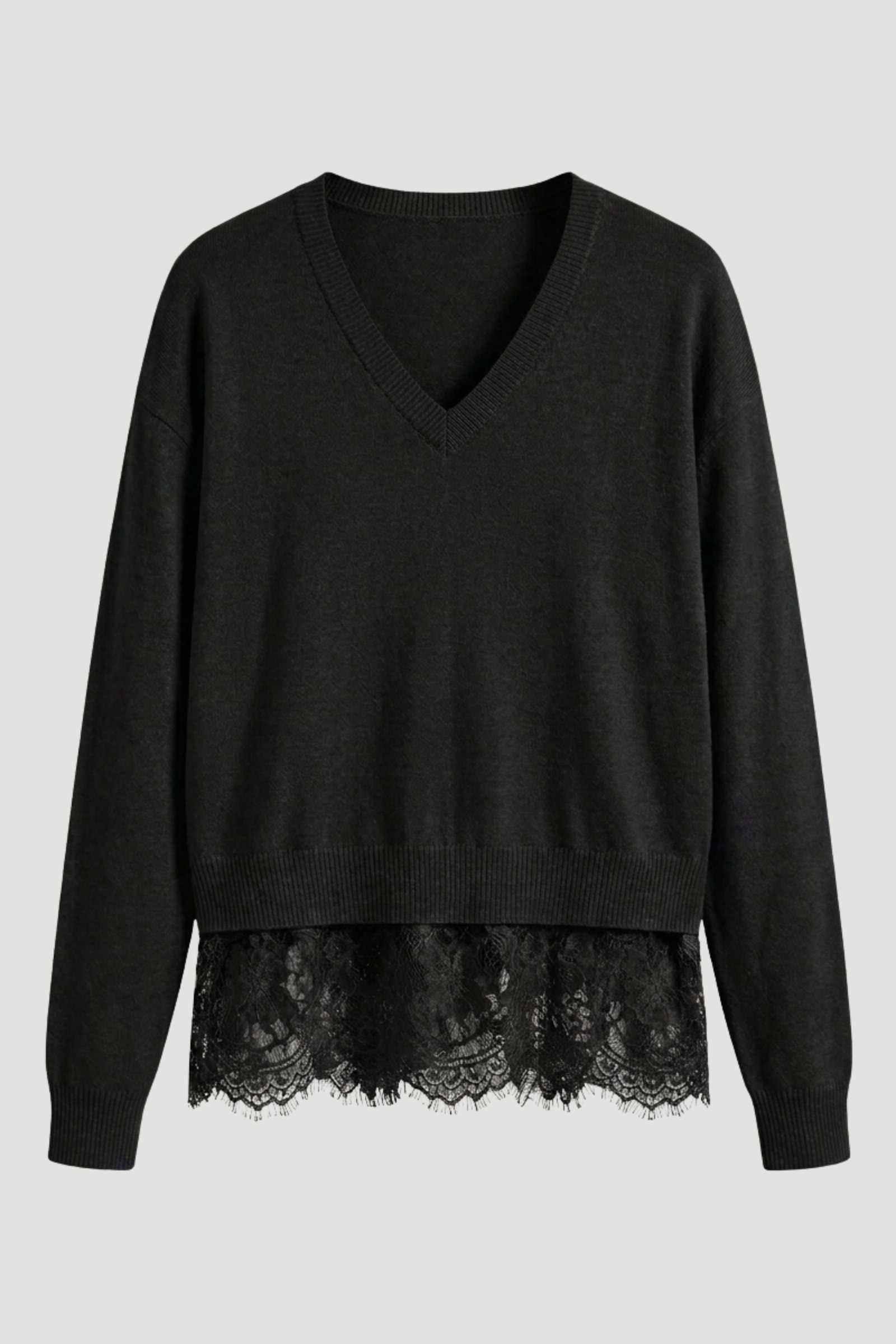 V-Neck Lace Hem Sweater