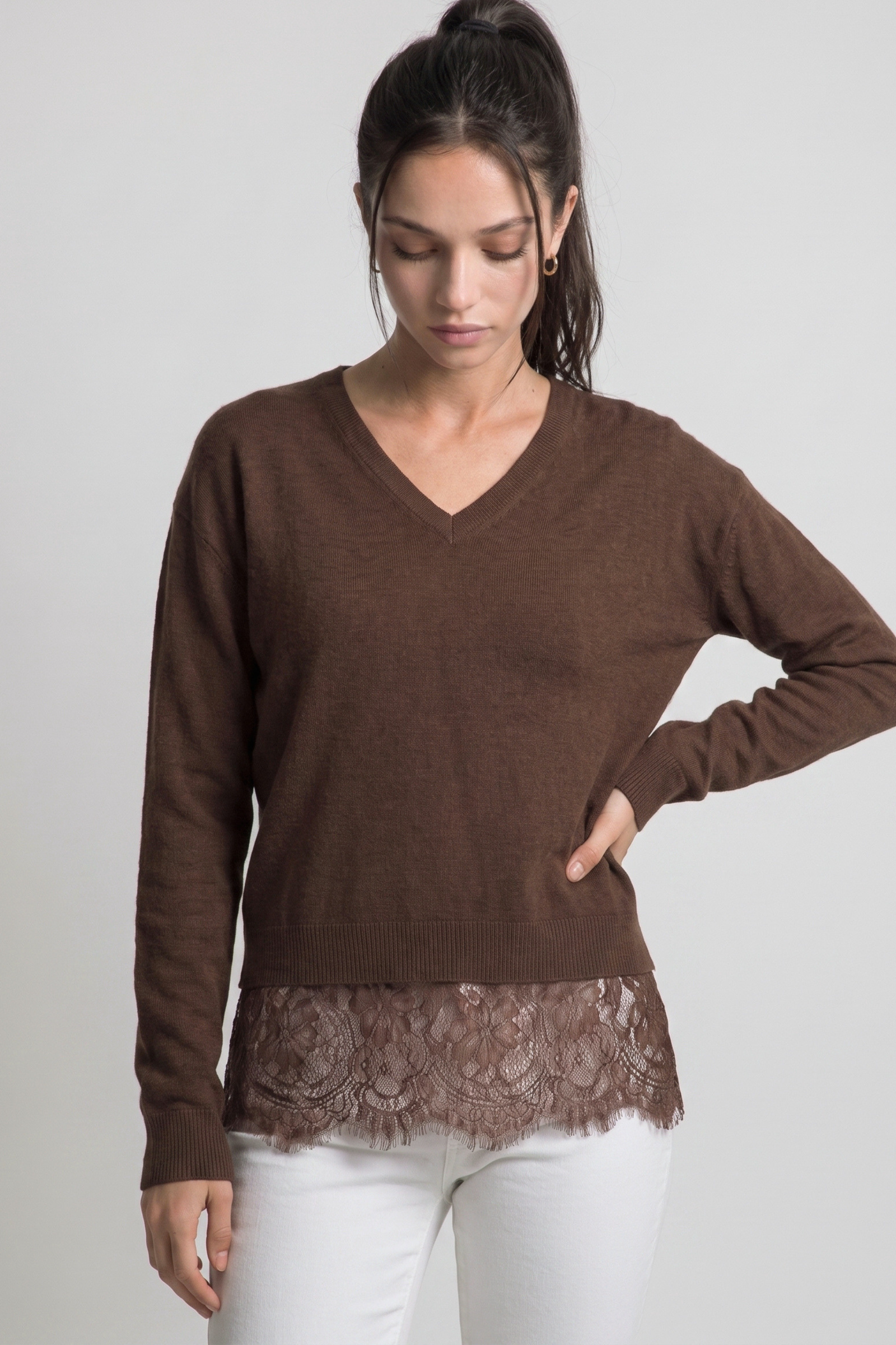 V-Neck Lace Hem Sweater