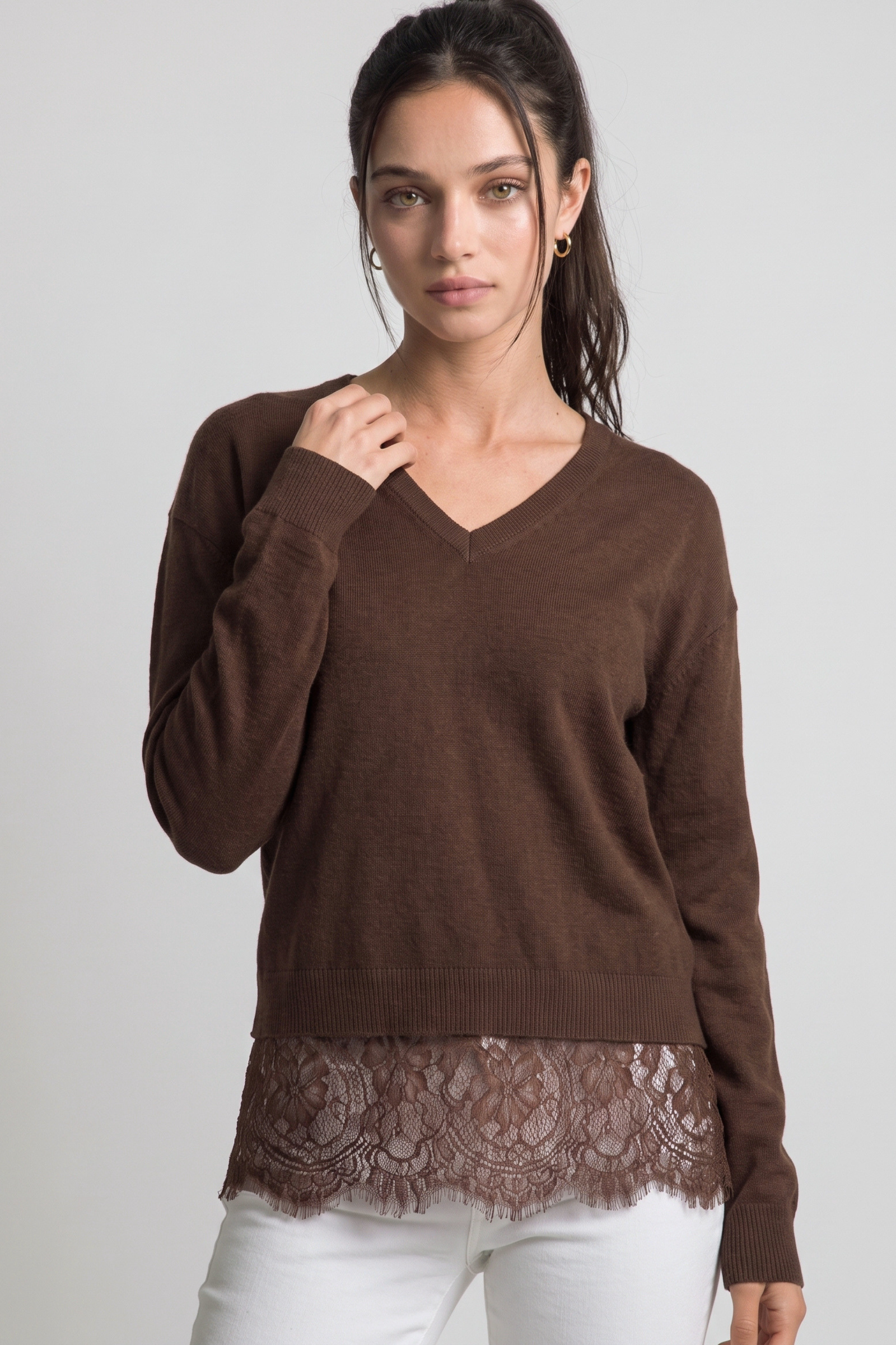 V-Neck Lace Hem Sweater