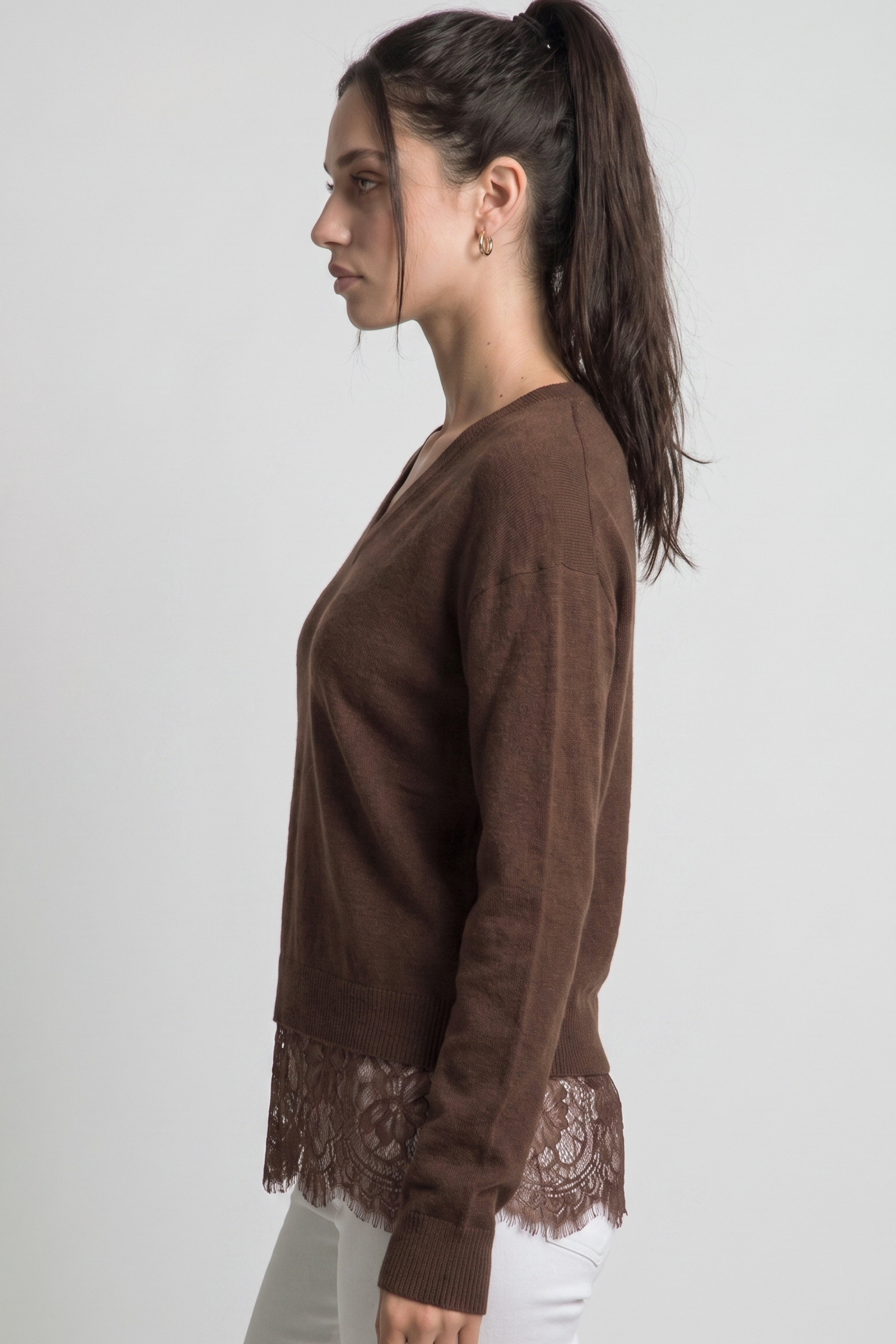 V-Neck Lace Hem Sweater