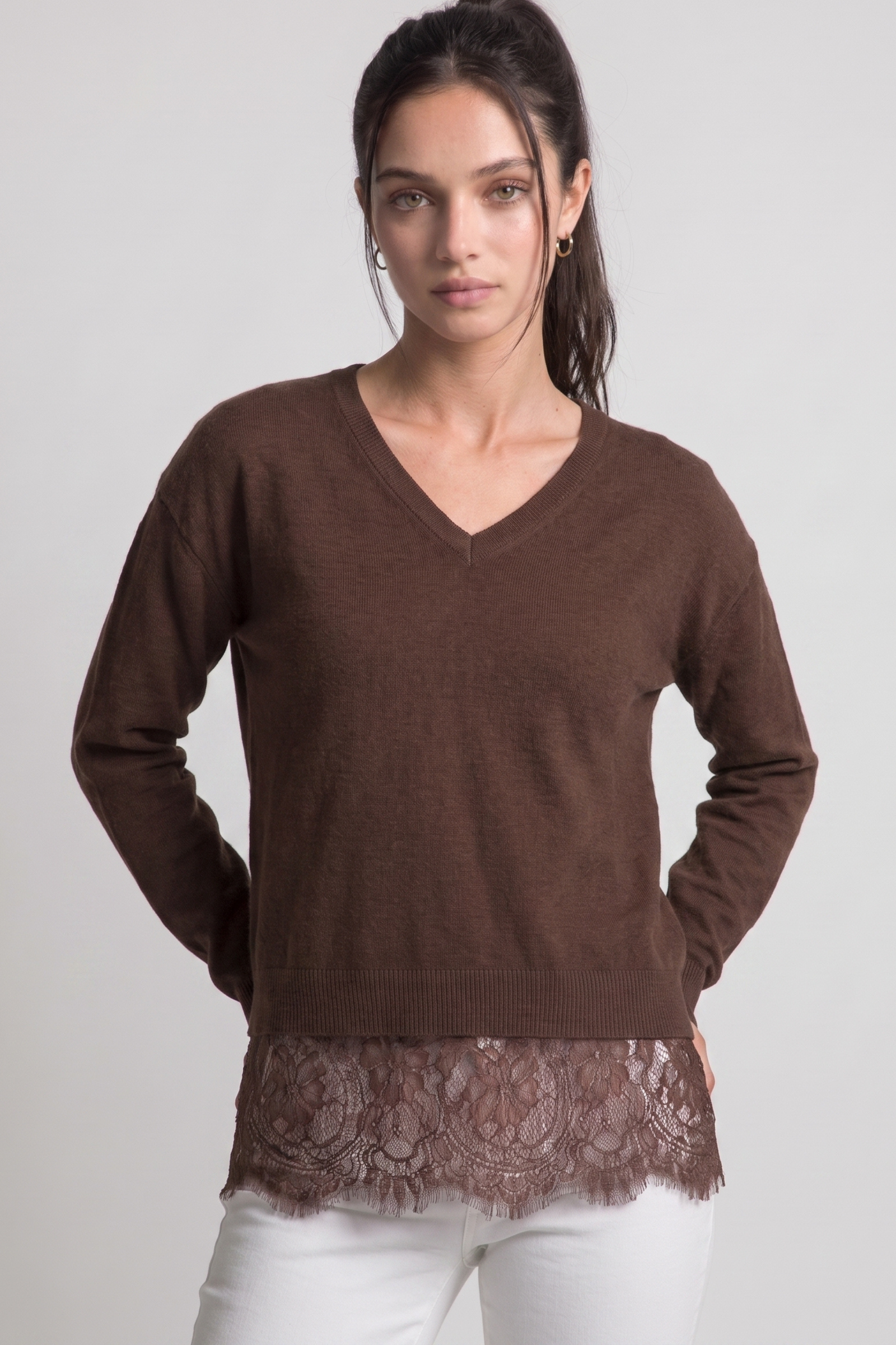 V-Neck Lace Hem Sweater
