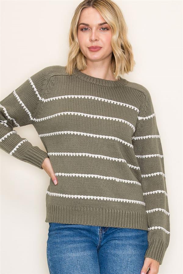 Olive Blanket Stitch Stripe Sweater