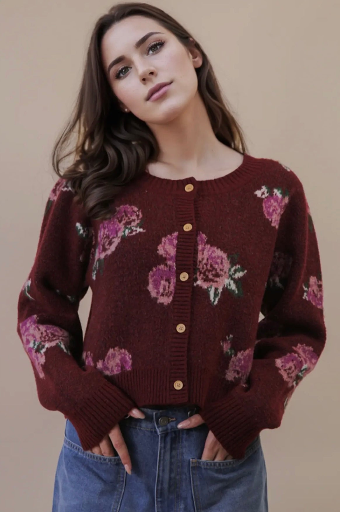 Wine Floral Button Cardigan