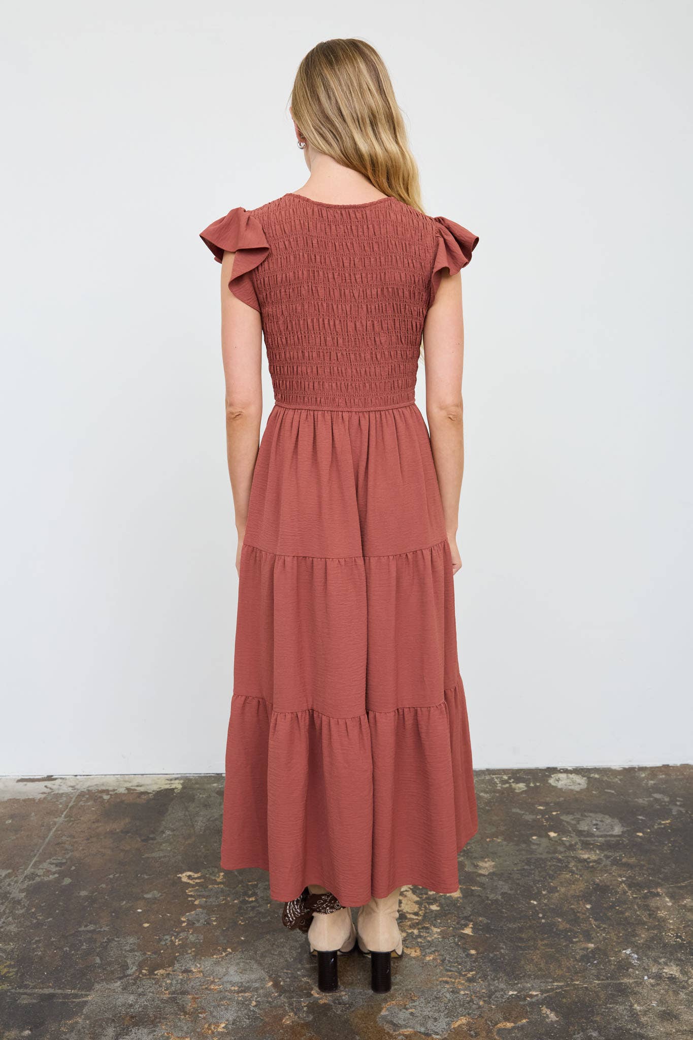 Flutter Sleeve Smocked Midi Dress