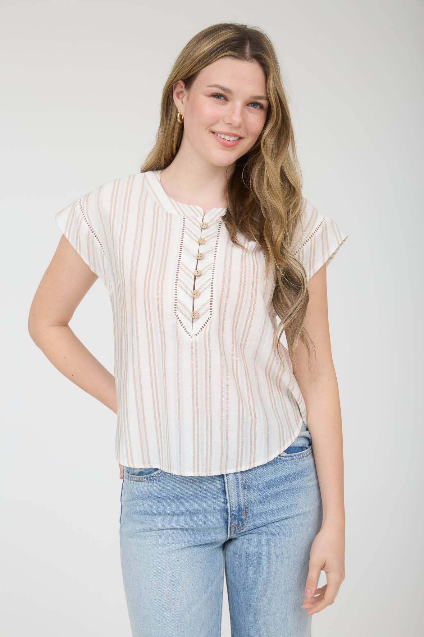 Stripe Wood Button Henley Top