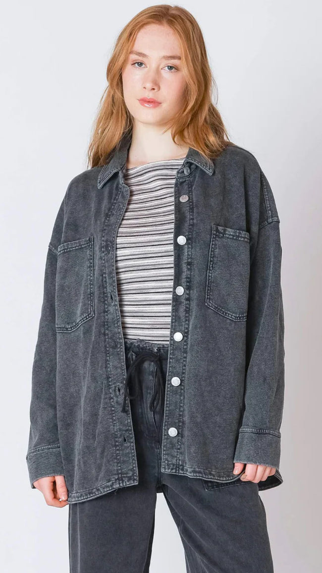 Washed Black Denim Terry Shacket