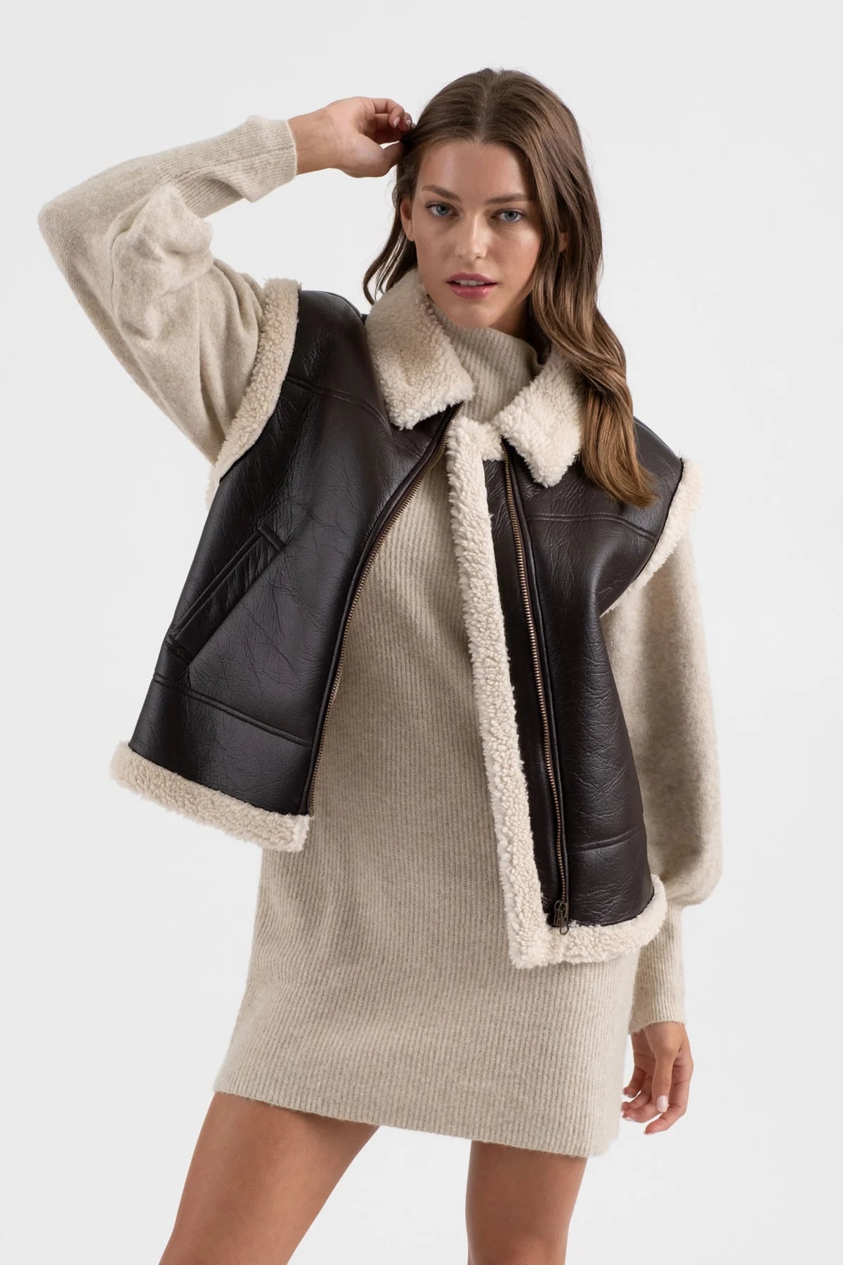 Choco Vegan Leather Shearling Vest