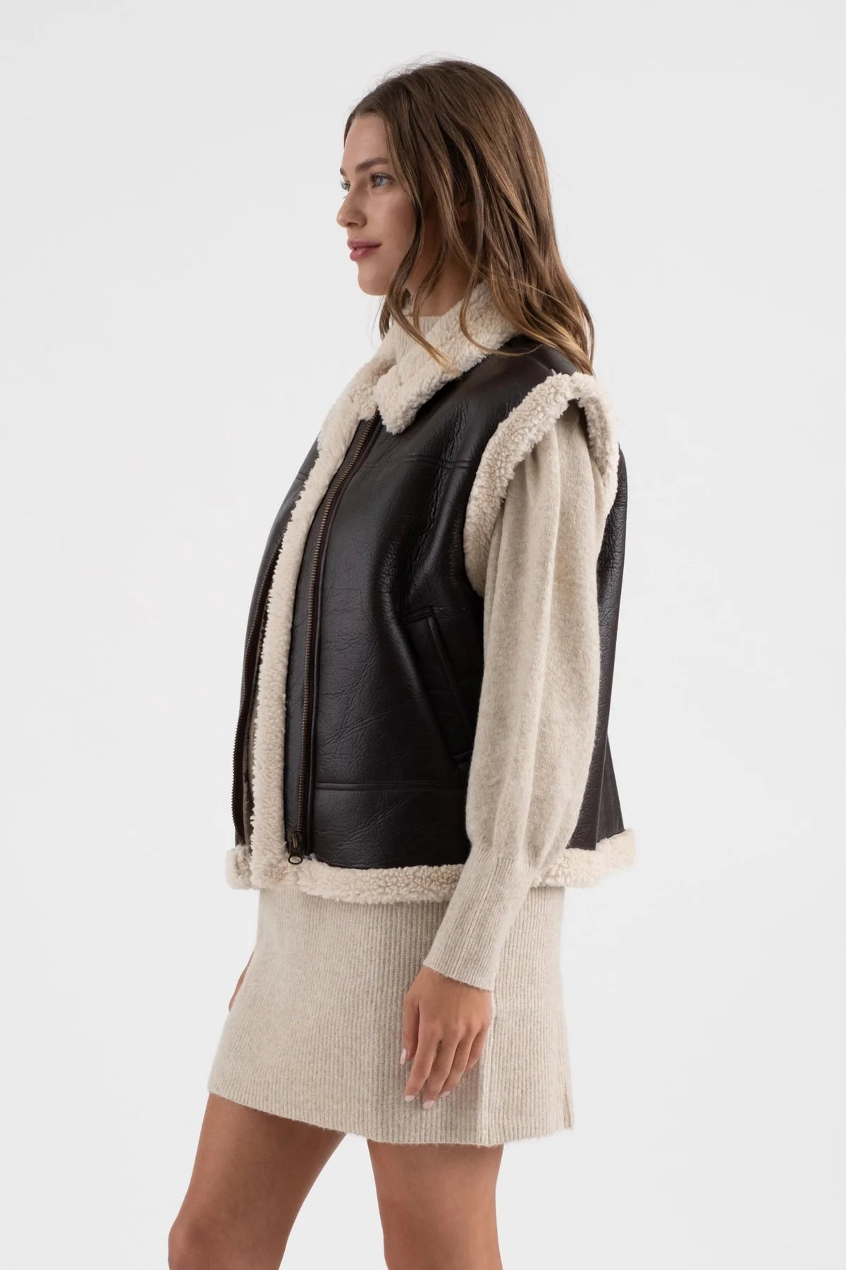 Choco Vegan Leather Shearling Vest