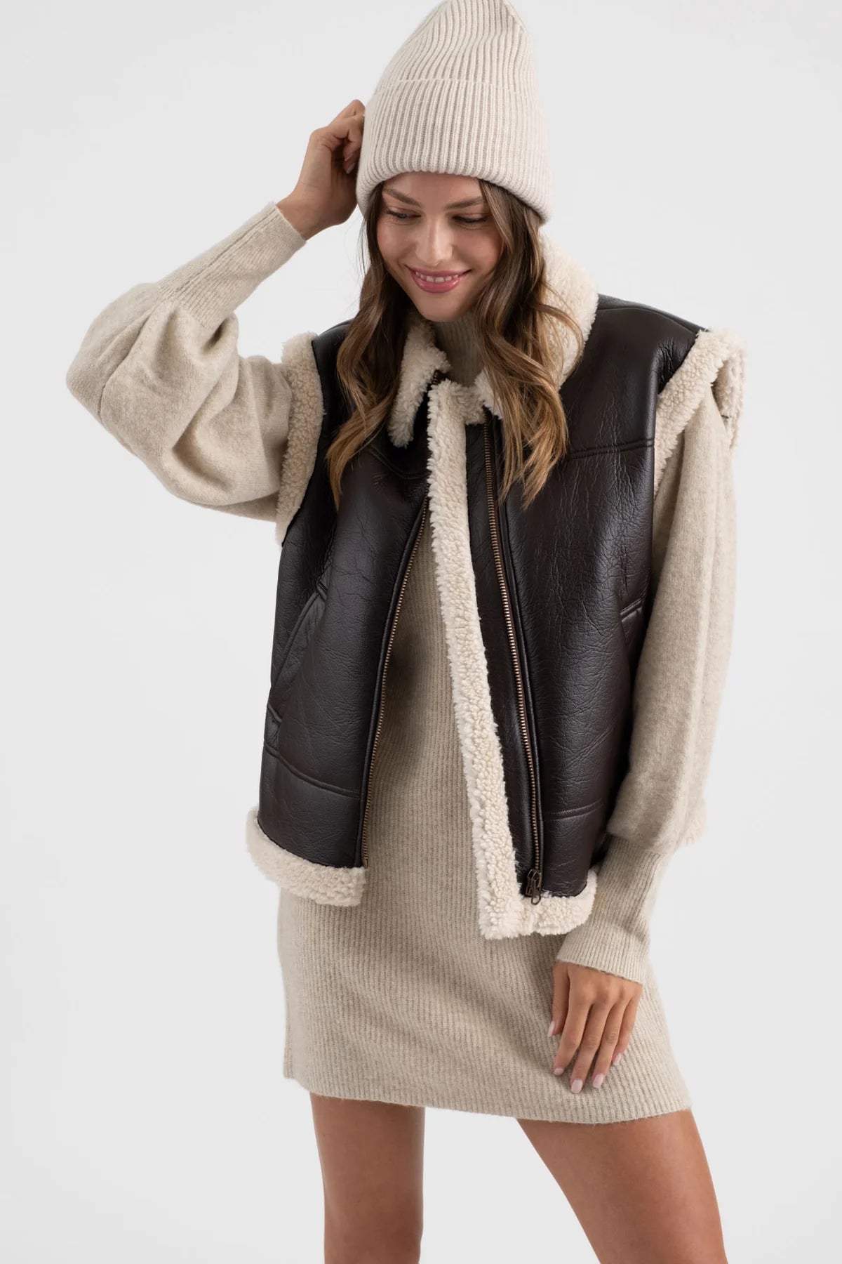 Choco Vegan Leather Shearling Vest