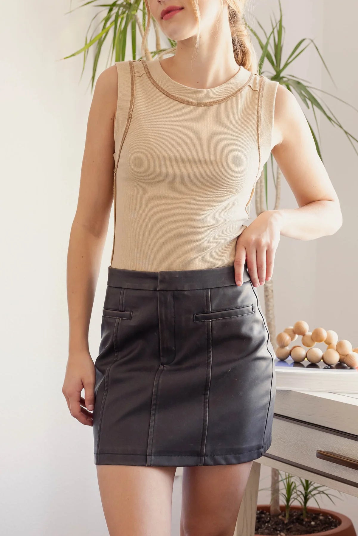 Brown Vegan Leather Mini Skirt