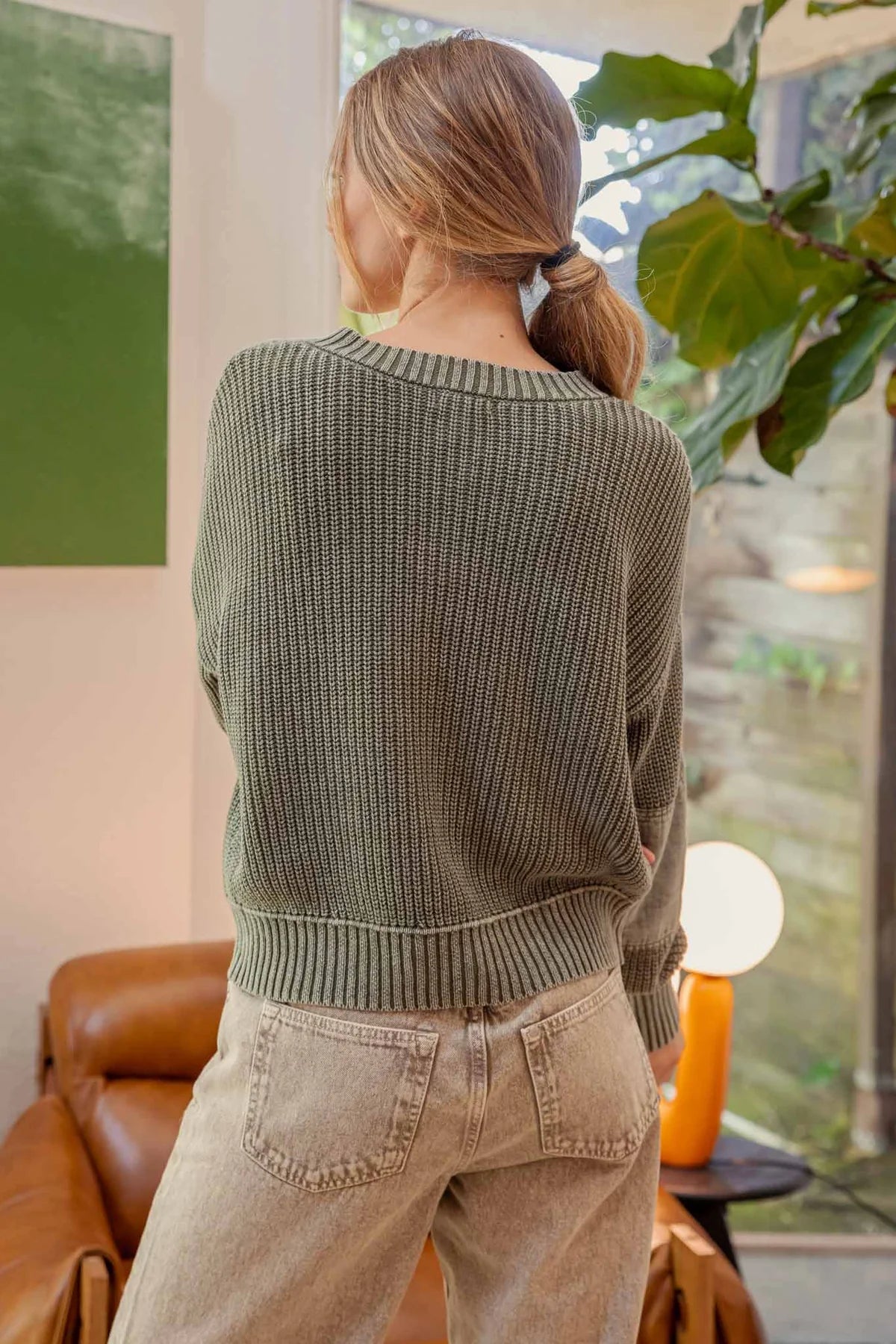 Olive Stone Wash Henley Sweater