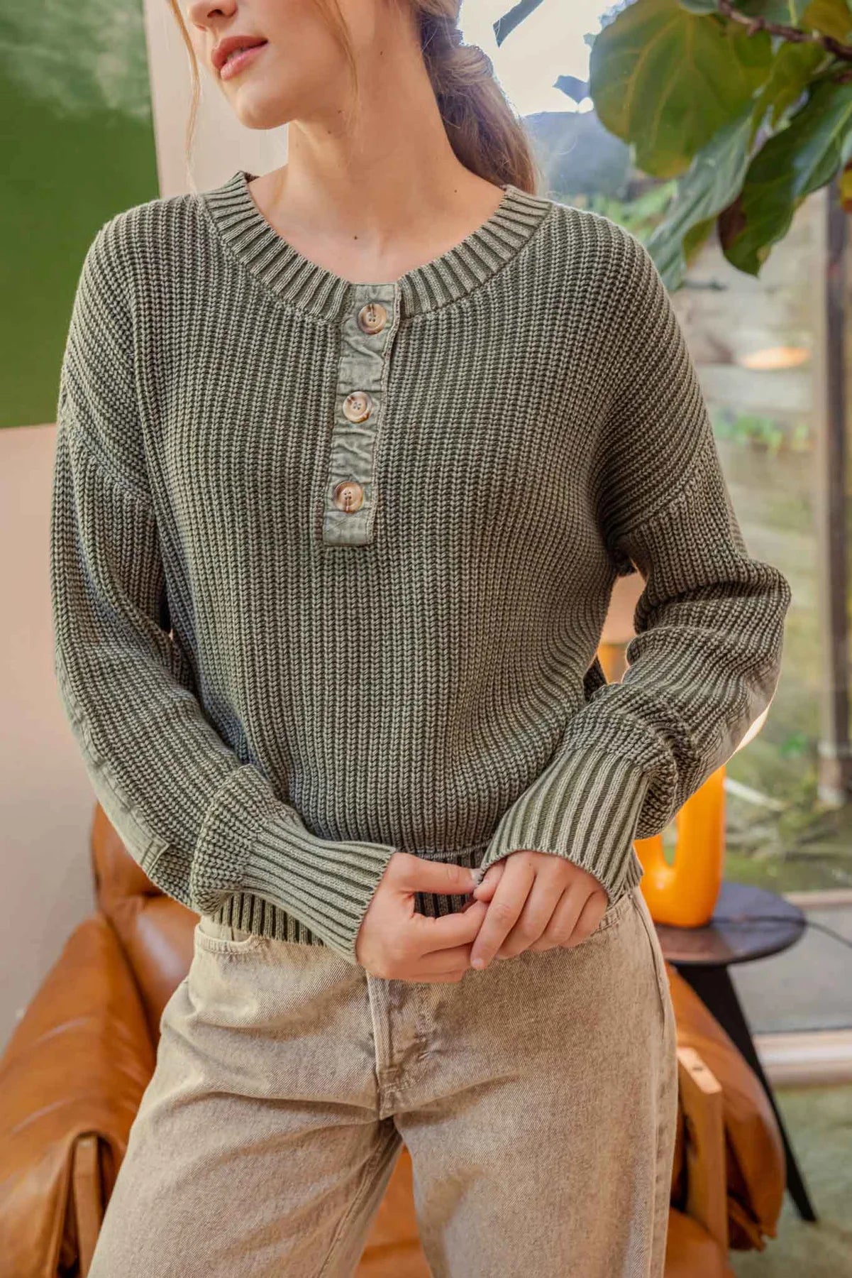 Olive Stone Wash Henley Sweater