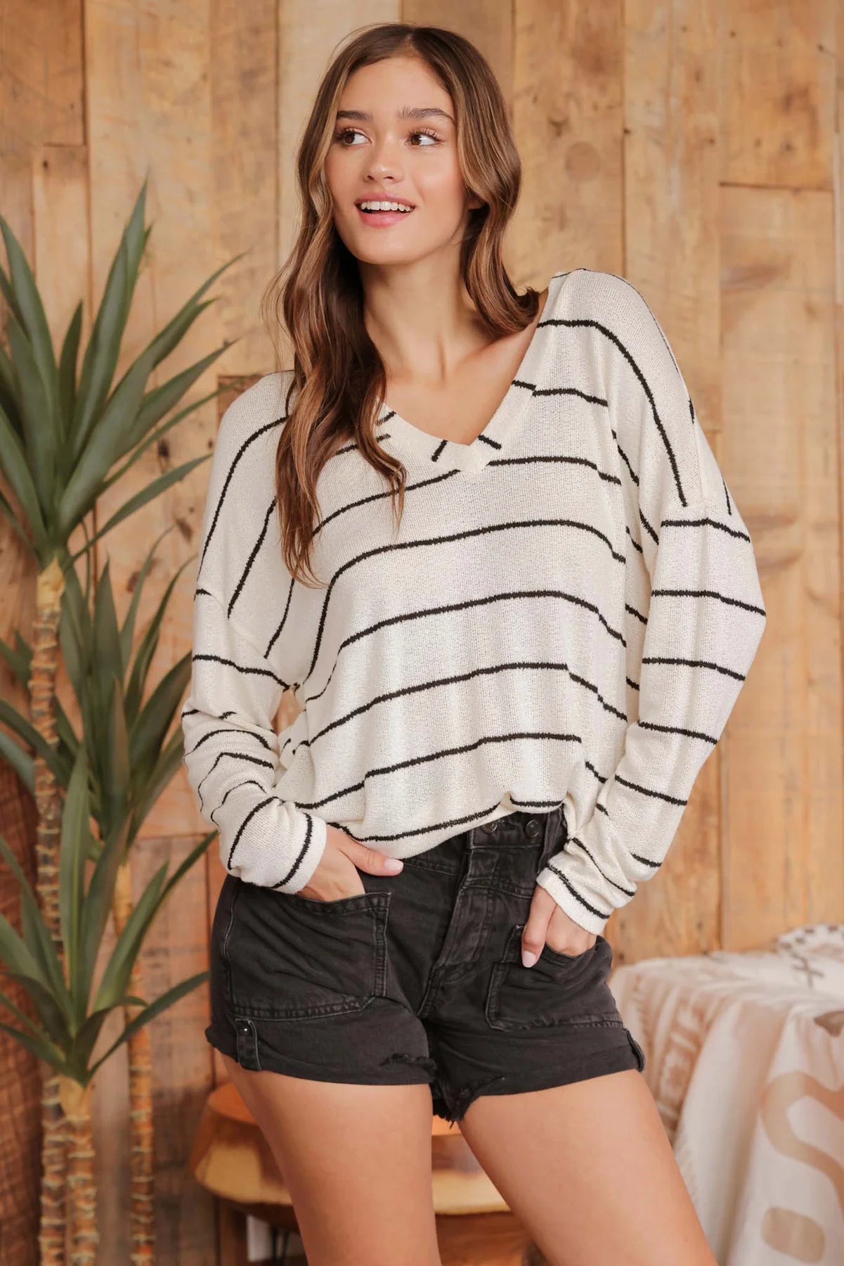 Ivory V-Neck Black Stripe Knit Top