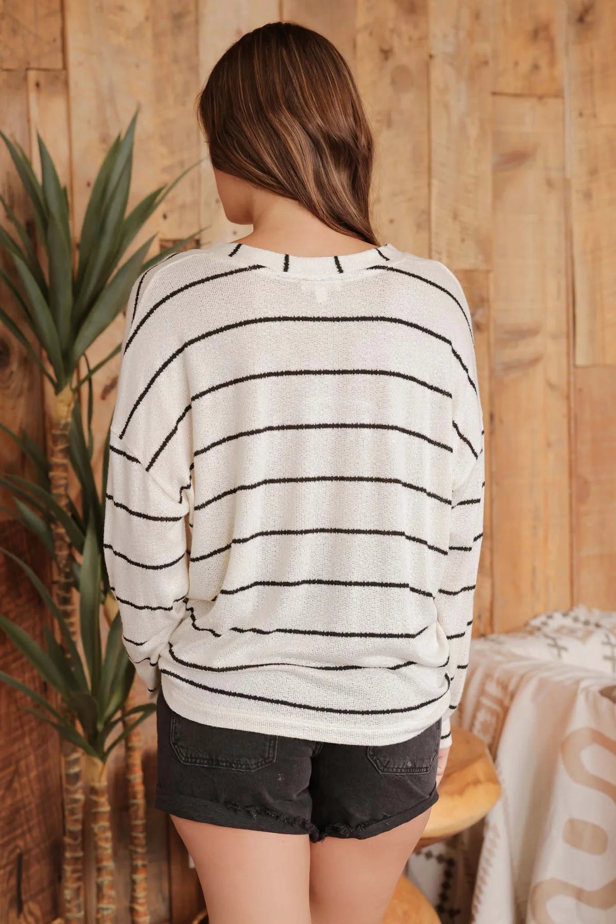 Ivory V-Neck Black Stripe Knit Top