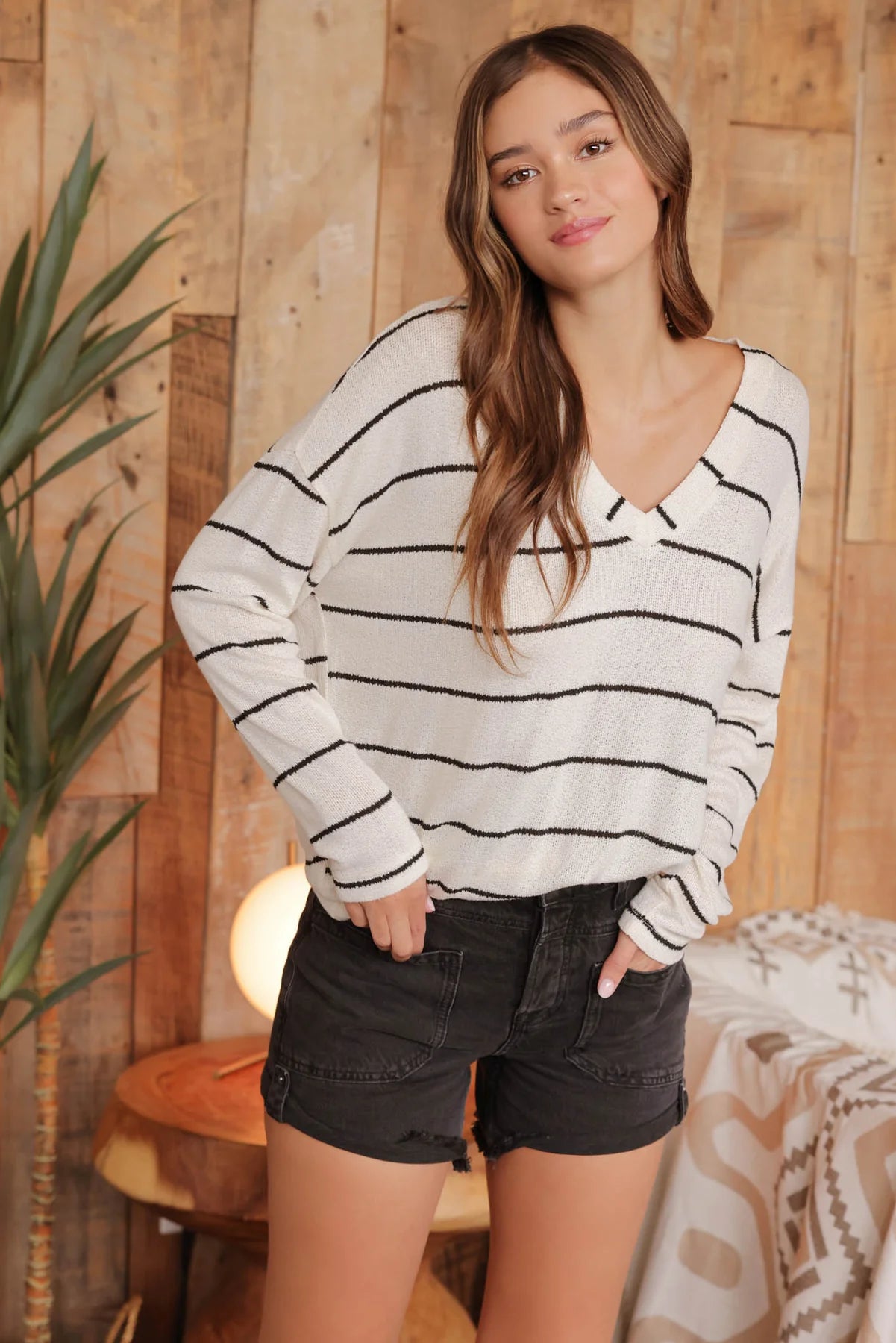 Ivory V-Neck Black Stripe Knit Top