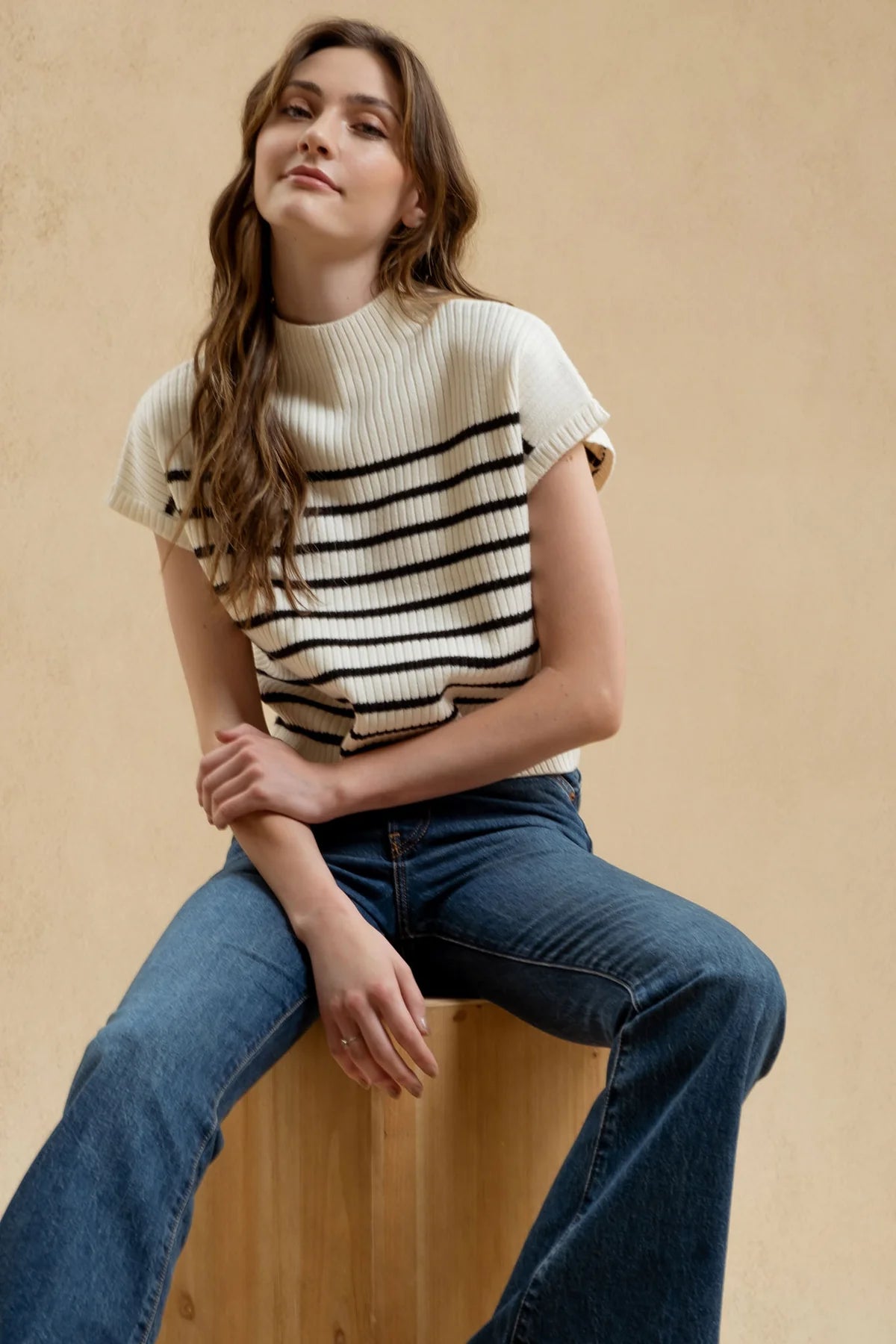 Cream Black Stripe Sweater Top