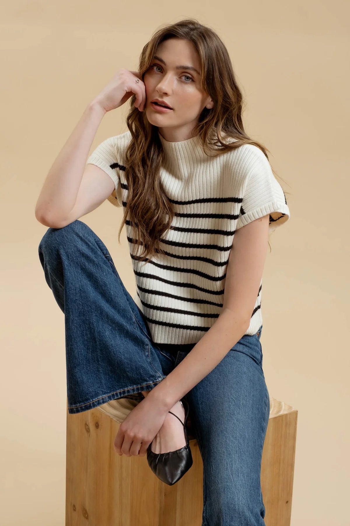 Cream Black Stripe Sweater Top