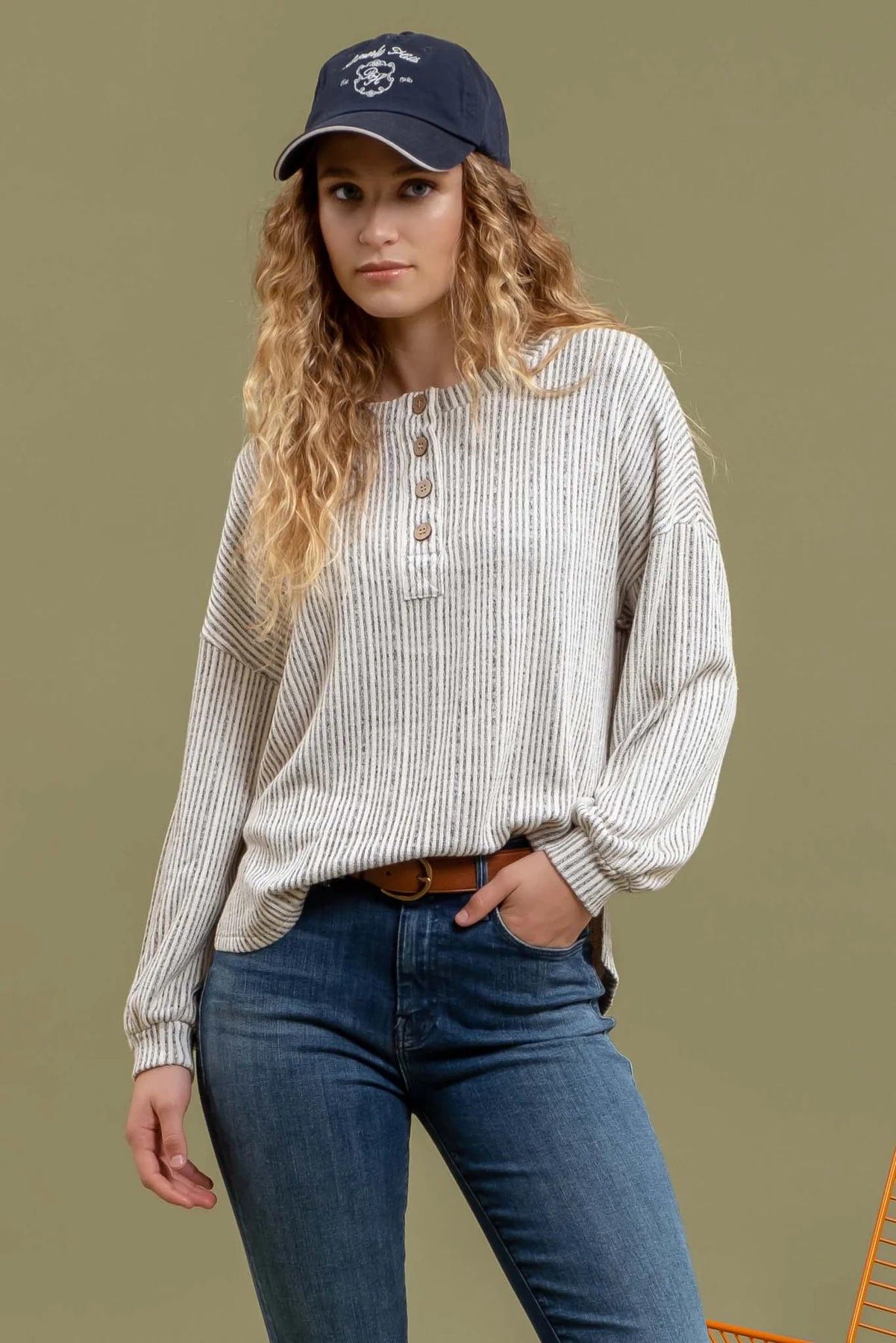 Oatmeal Knit Stripe Henley Top