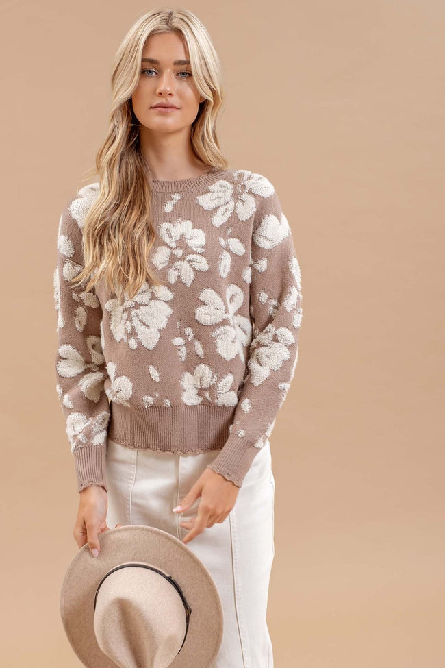 Mocha Floral Terry Knit Sweater