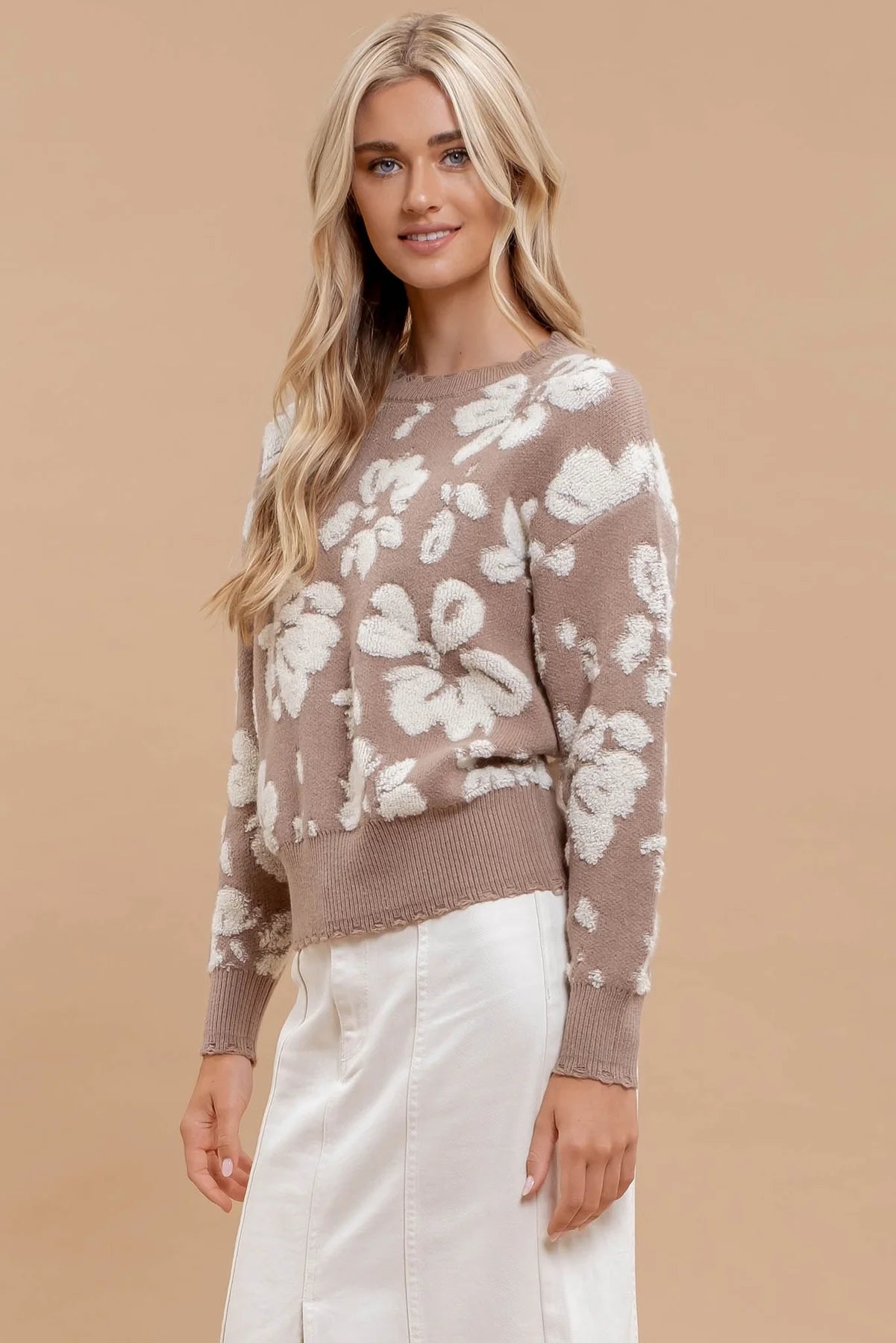 Mocha Floral Terry Knit Sweater