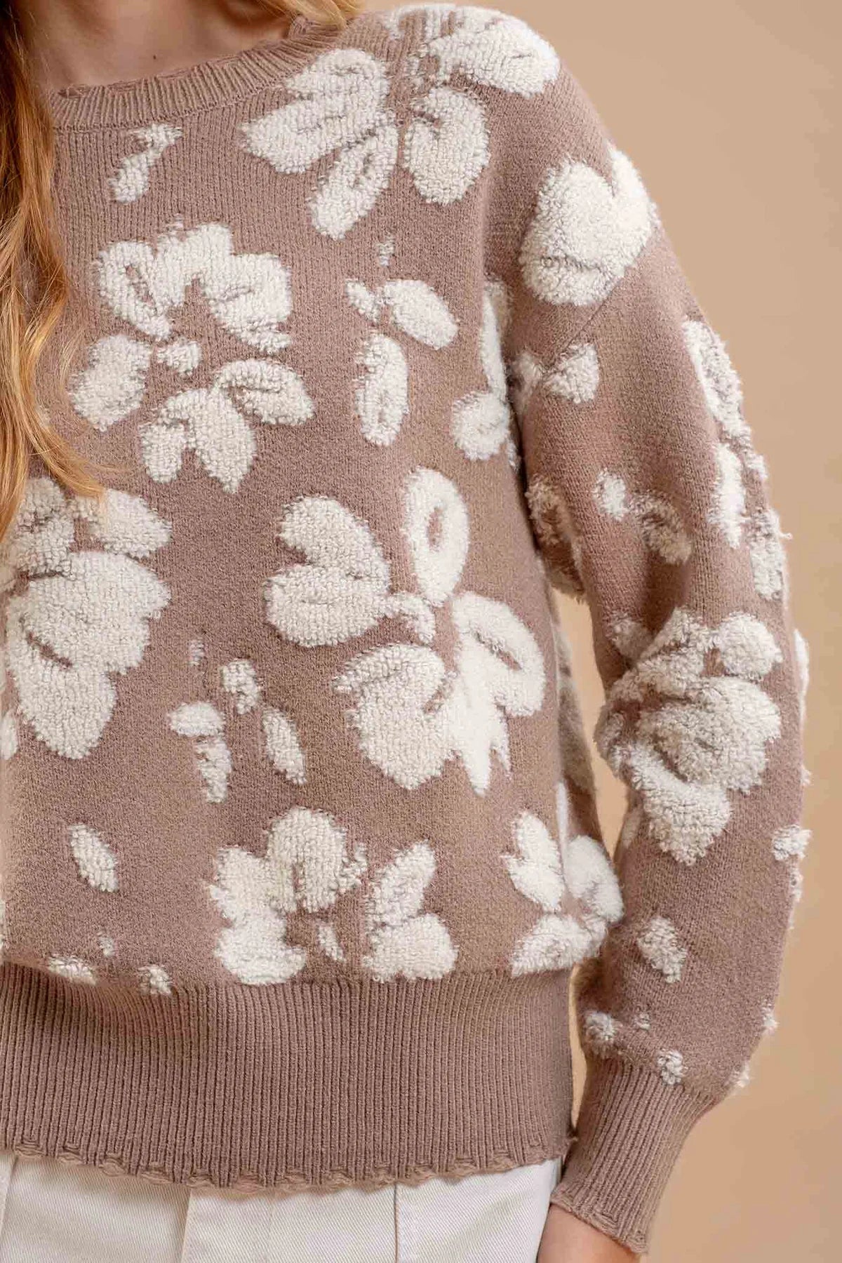 Mocha Floral Terry Knit Sweater