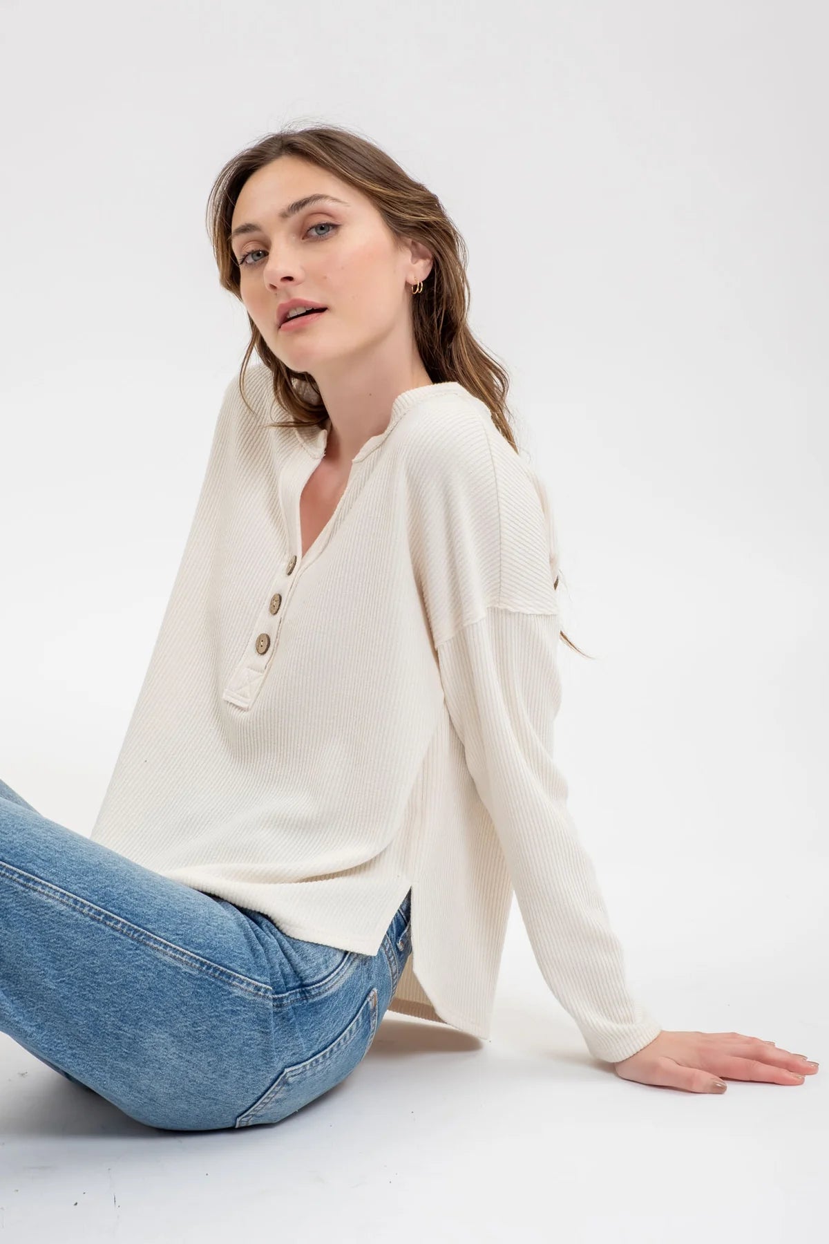 Cream Henley Ribbed Top