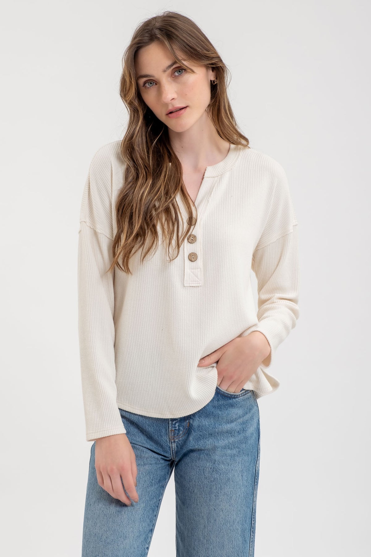 Cream Henley Ribbed Top