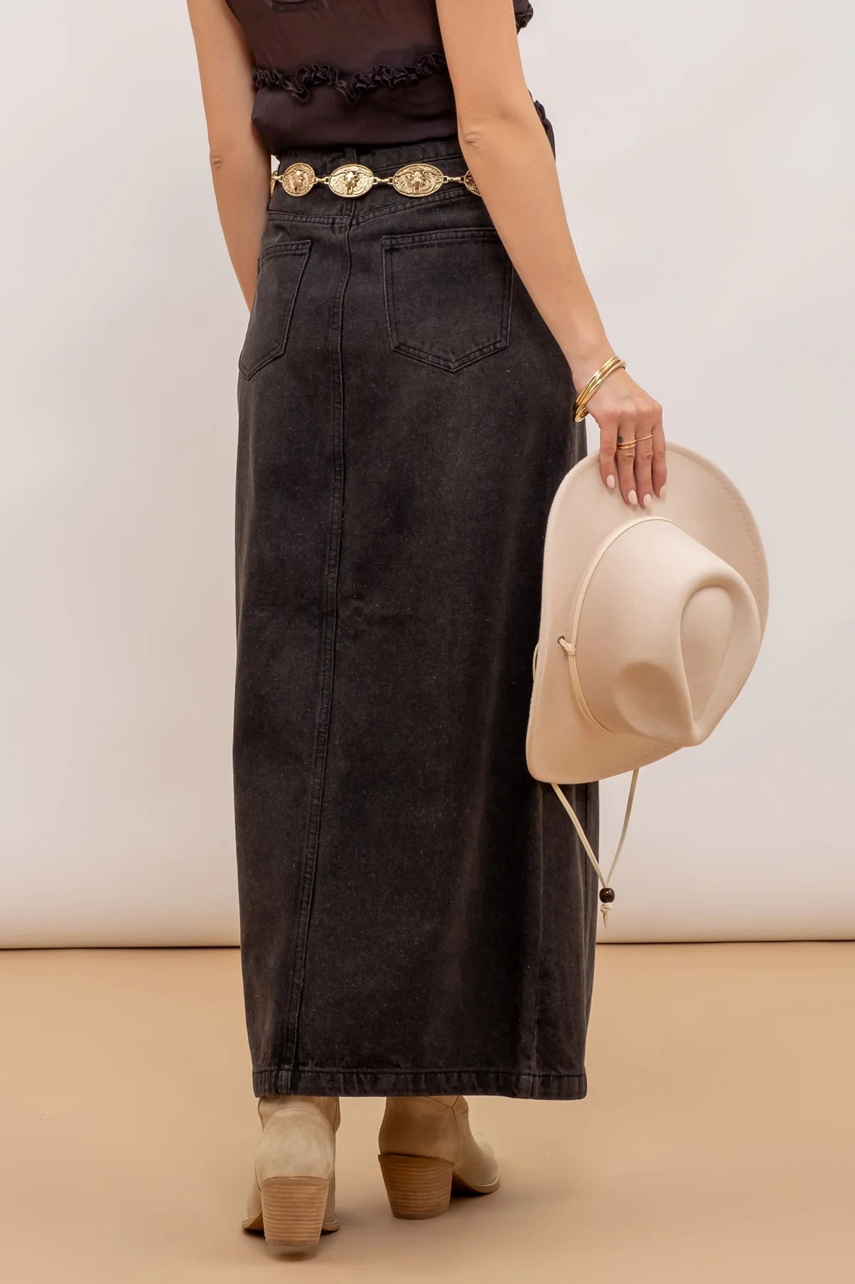 Grey Wash Denim Maxi Skirt