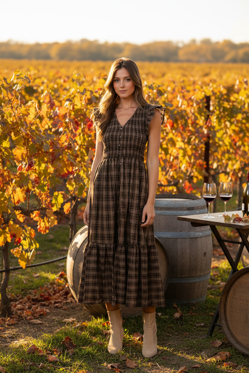 Chocolate Plaid Midi Dress