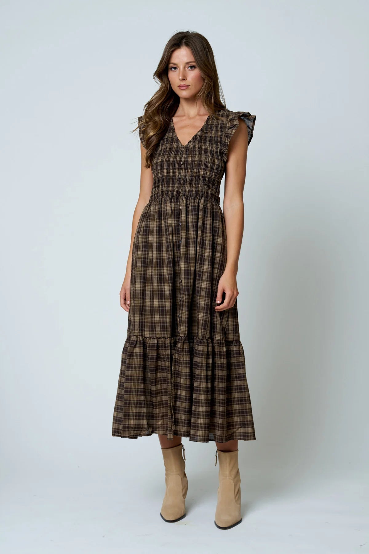 Chocolate Plaid Midi Dress