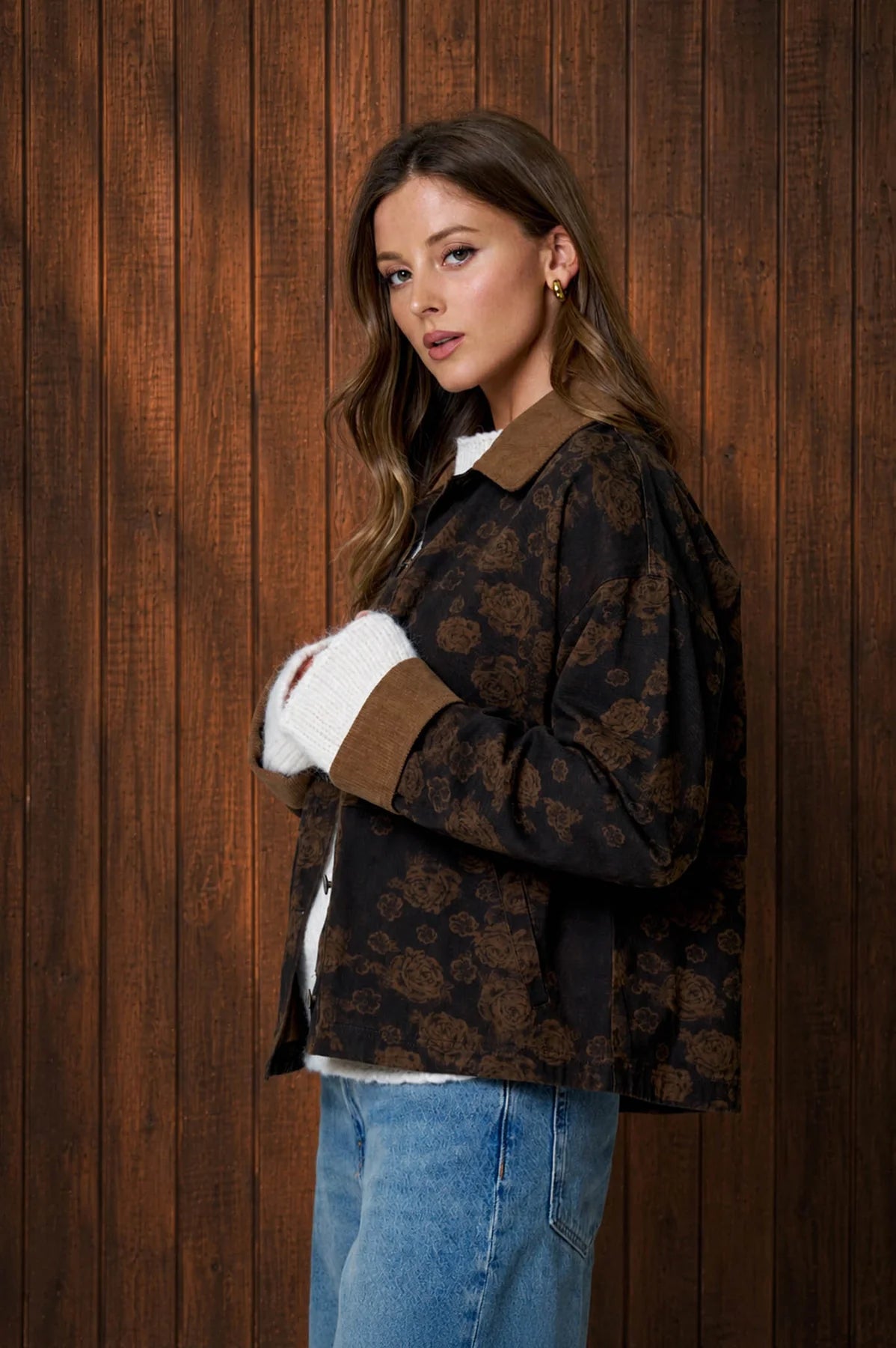 Floral Denim Cord Collar Jacket