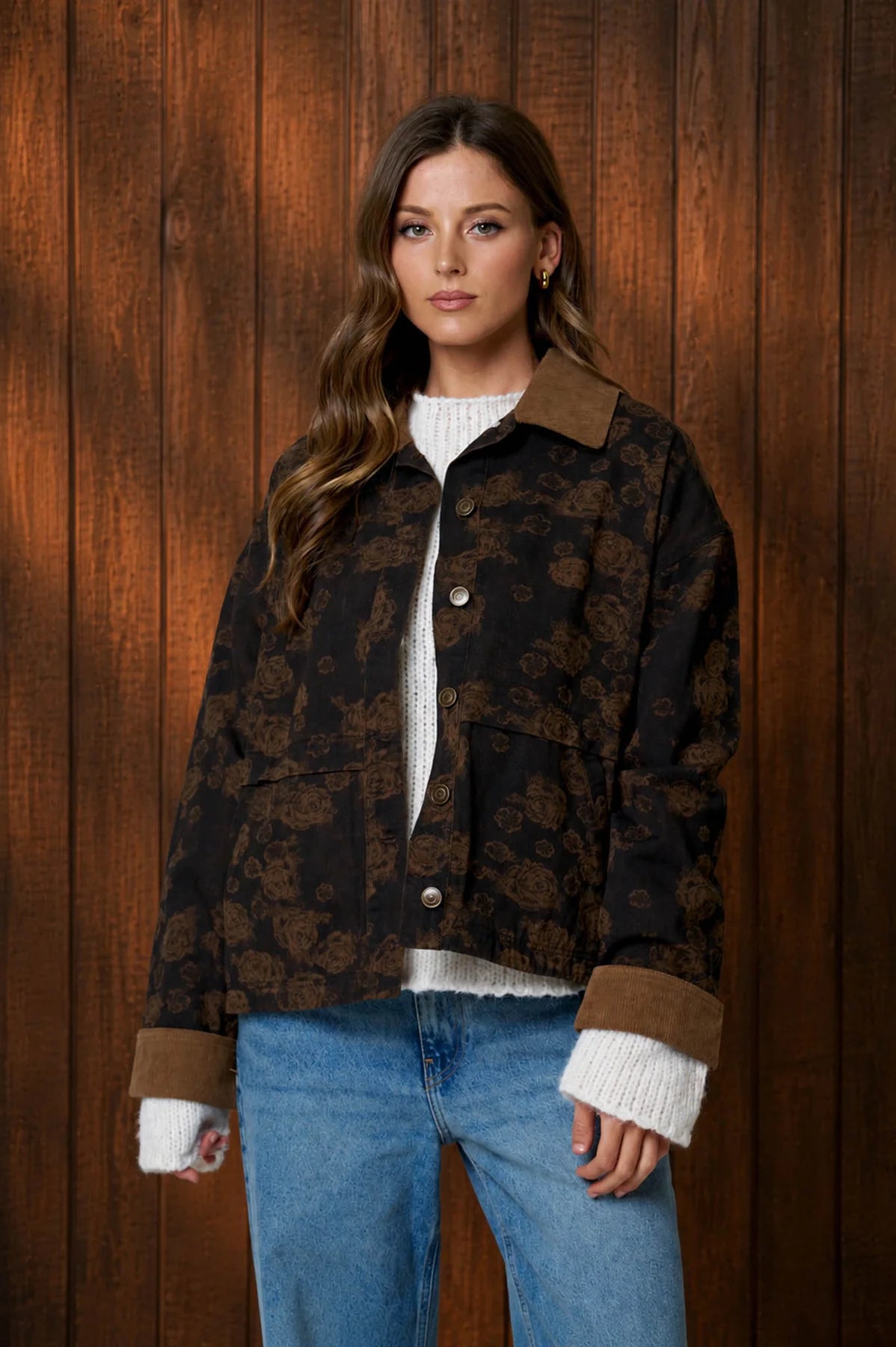 Floral Denim Cord Collar Jacket