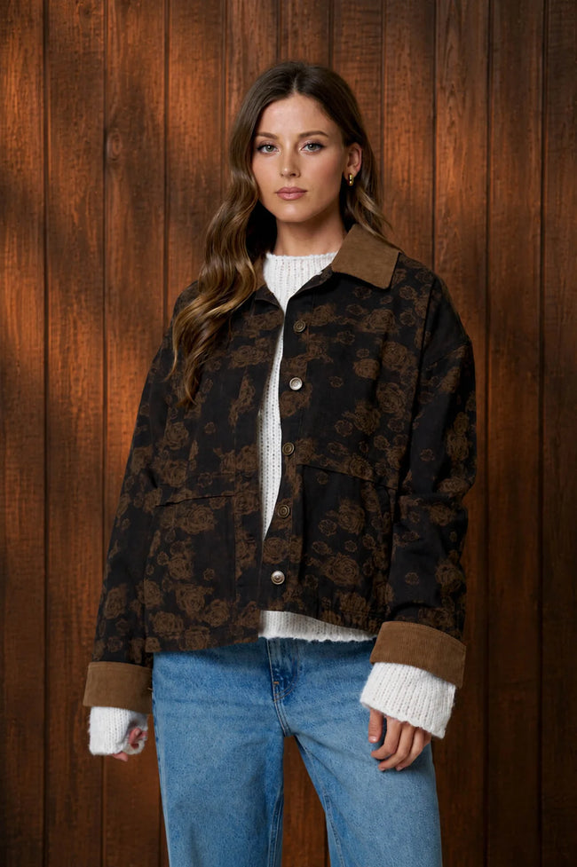 Floral Denim Cord Collar Jacket