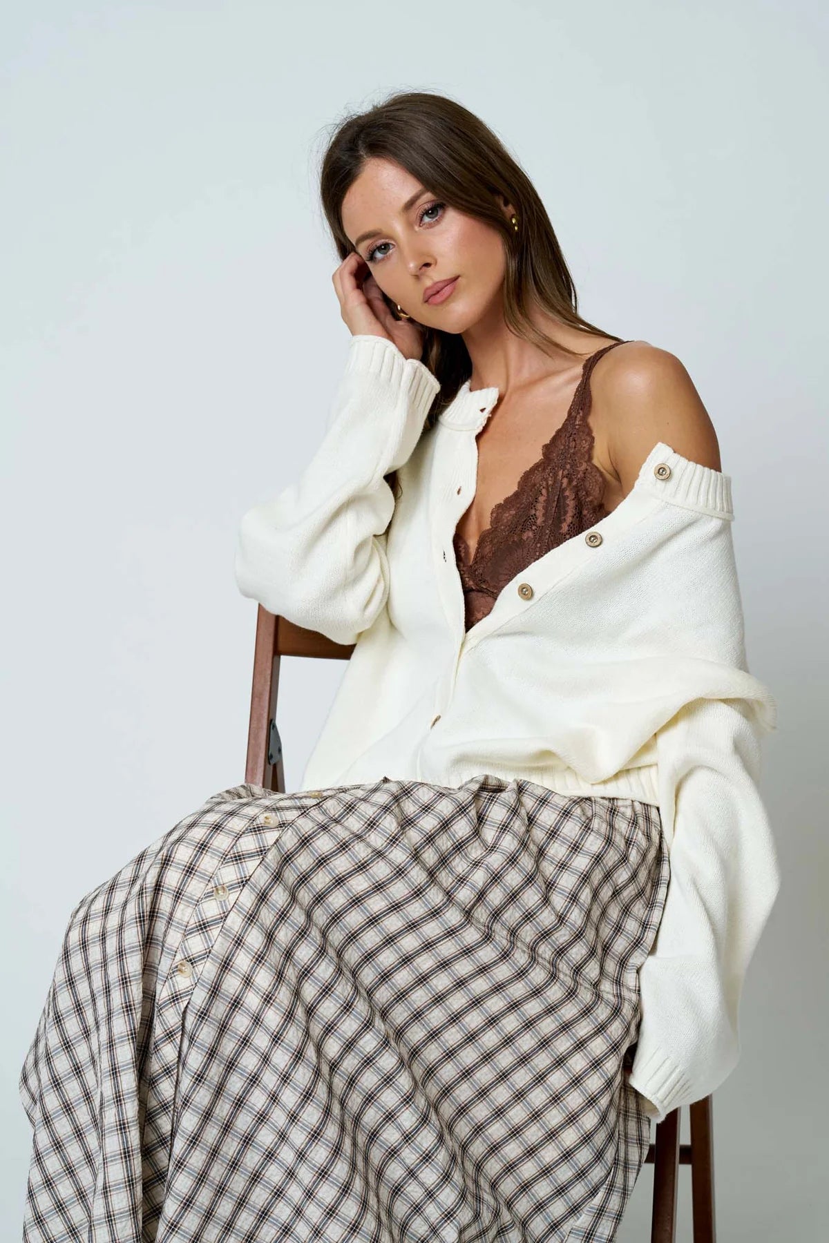 Plaid Mocked Waist Button Skirt